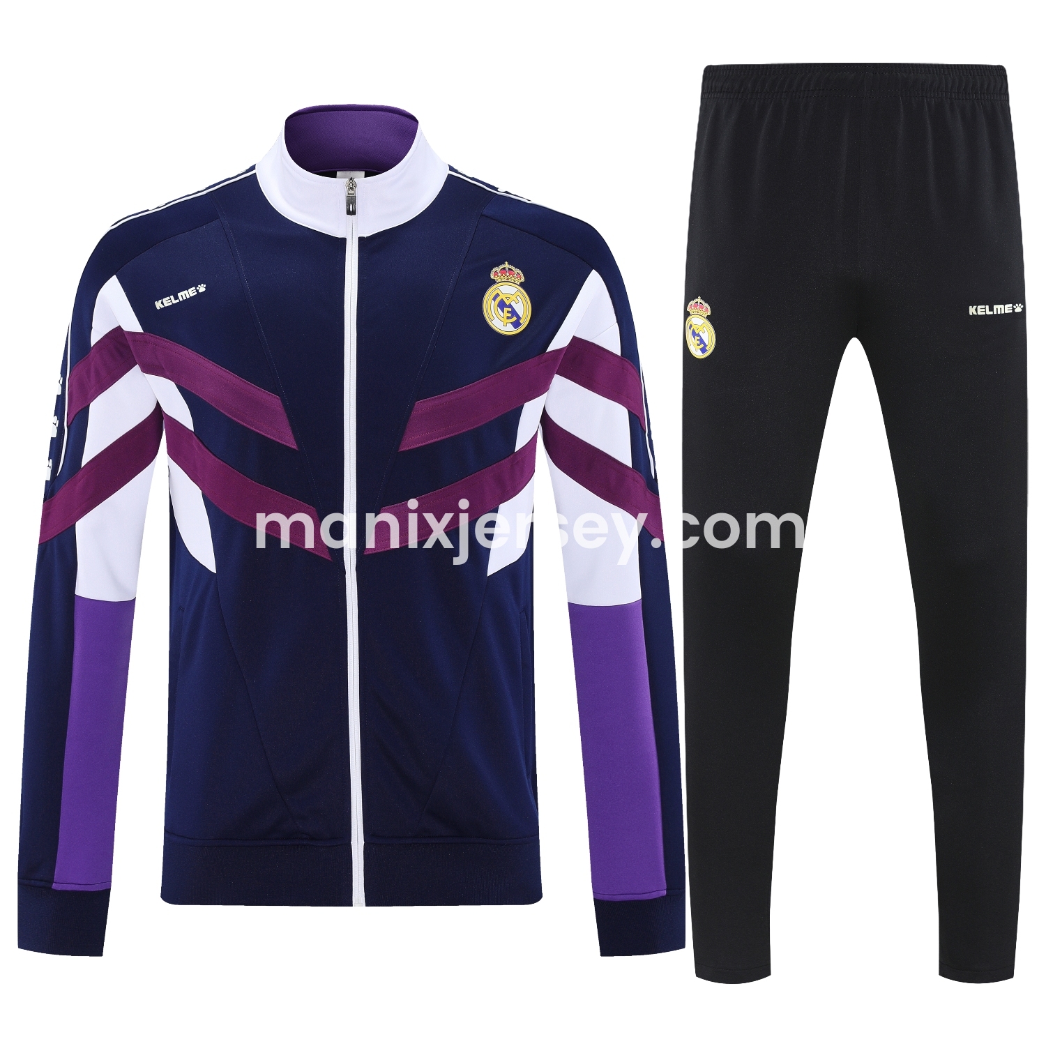 ManixJersey.com | Real Madrid 25-26 Throwback Jacket Training Tracksuit - Deep Blue and Purple Jackets & Black Pants -Customize Name, Number and Patch | Worldwide Shipping