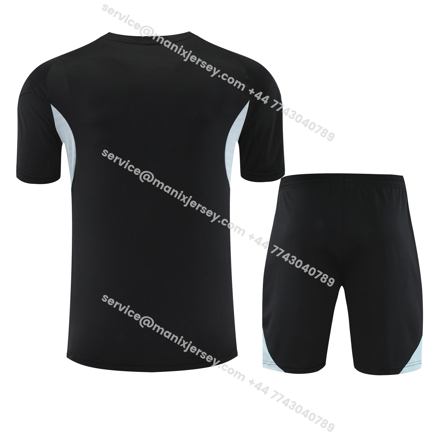 ManixJersey.com | Real Madrid 25-26 Short-Sleeve Training Set - Light Grey Stripes Black Top & Black Shorts -Customize Name, Number and Patch | Worldwide Shipping