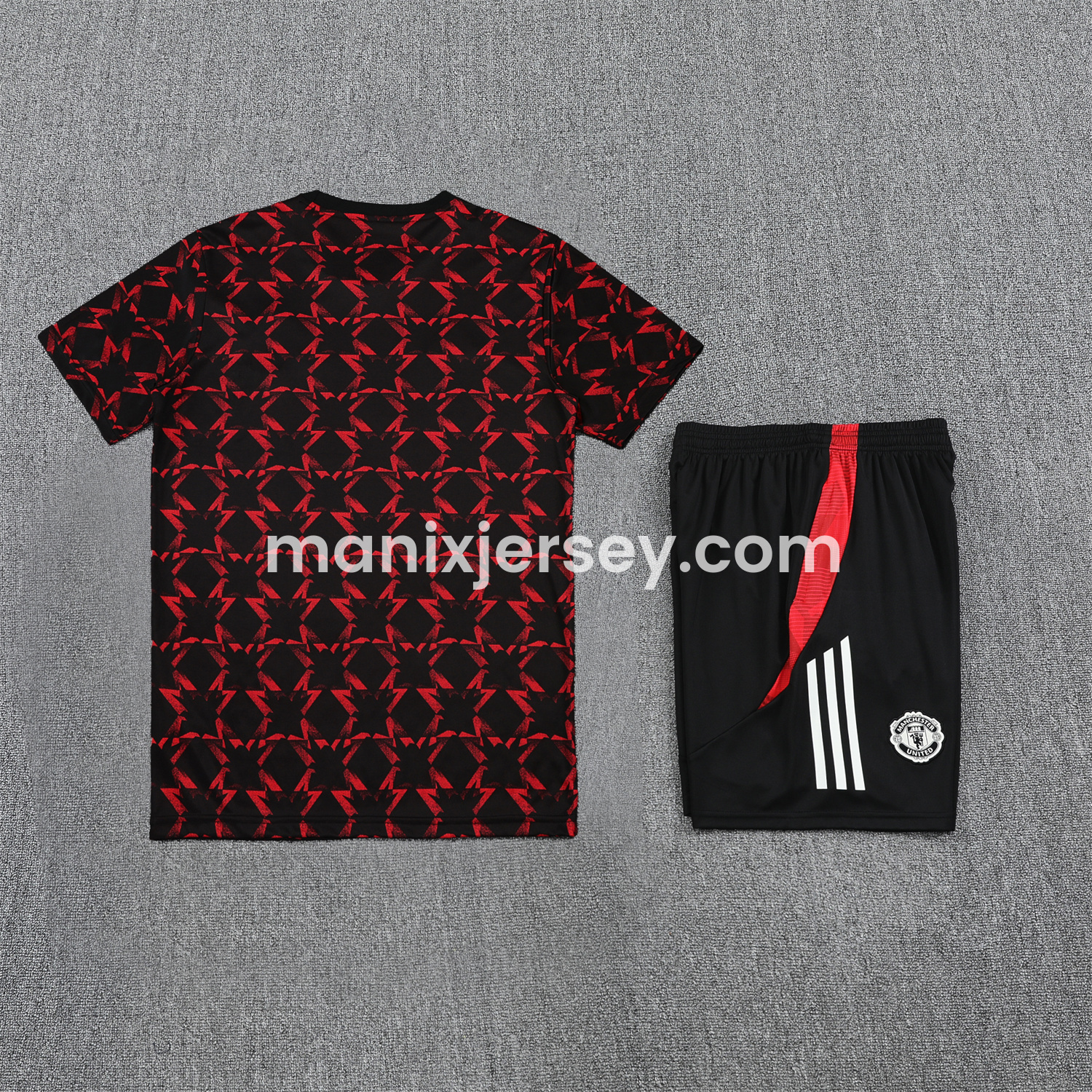 ManixJersey.com | Manchester United 25-26 Pre-Match Short-Sleeve Training Set - Red Top & Black Shorts -Customize Name, Number and Patch | Worldwide Shipping