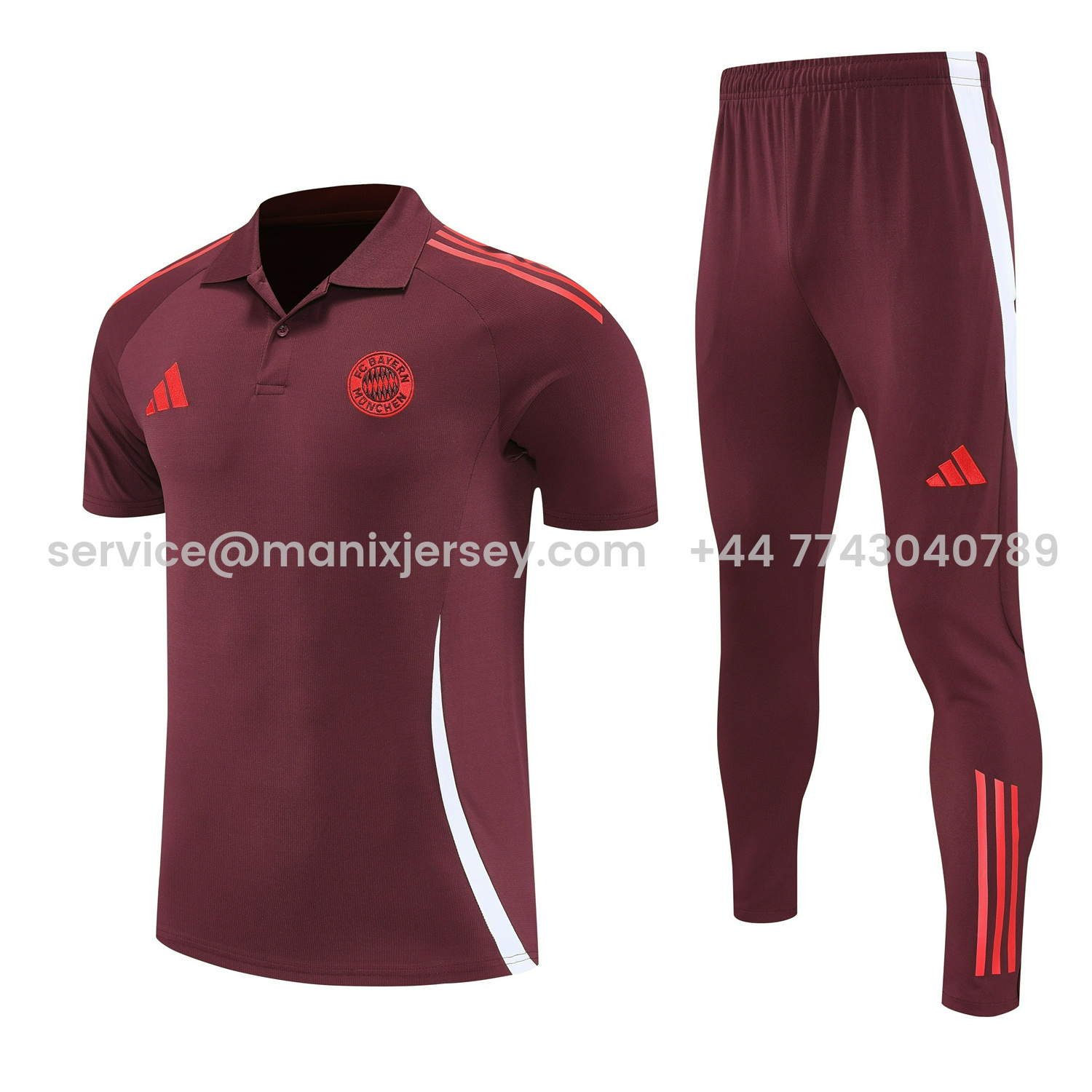 ManixJersey.com | Bayern Munich 25-26 POLO Short-Sleeve Training Set With Red Logo - Deep Red Top & Deep Red Pants -Customize Name, Number and Patch | Worldwide Shipping