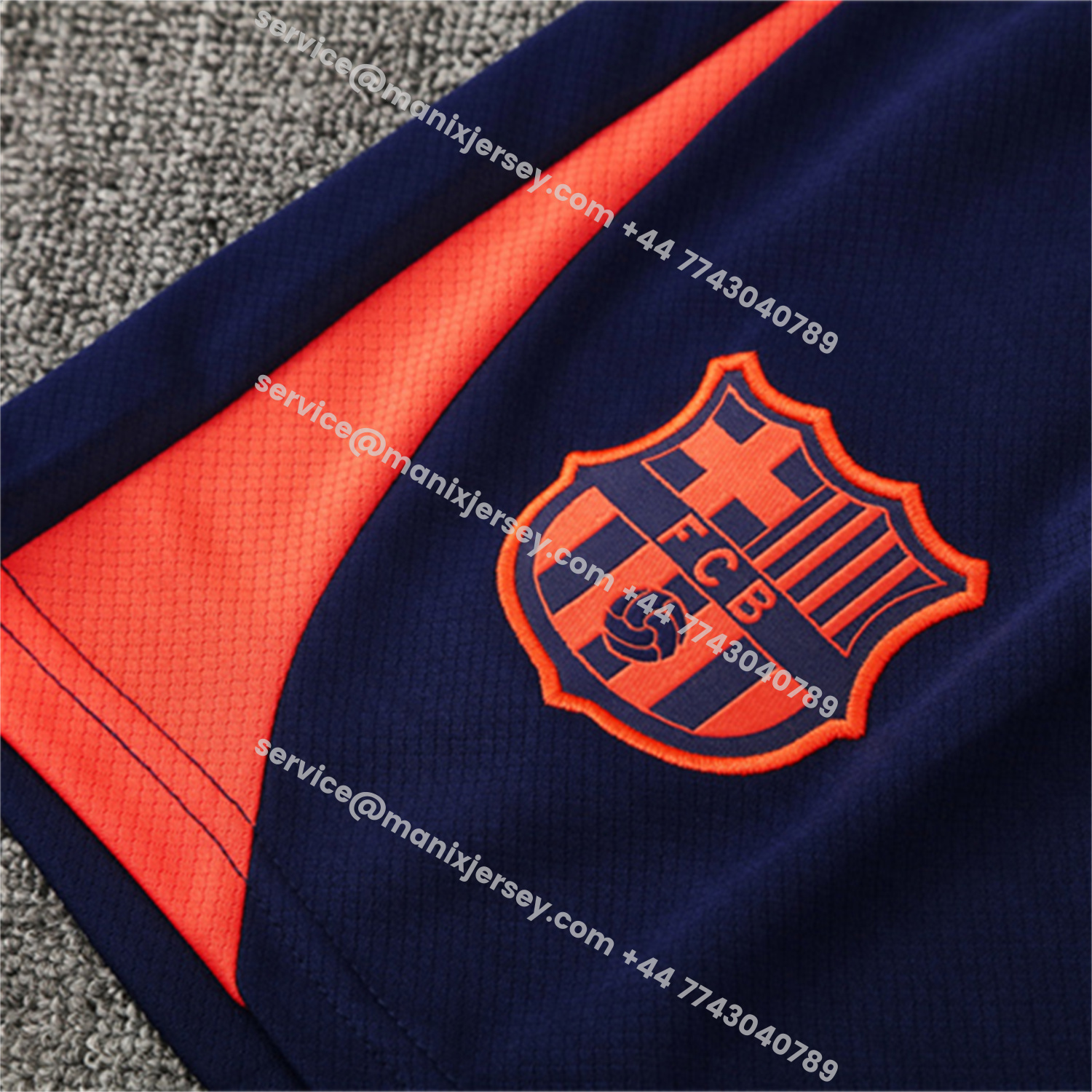 ManixJersey.com | Barcelona 25-26 Short-Sleeve Training Set - Orange Top Royal Blue Sponsor& Royal Blue Shorts -Customize Name, Number and Patch | Worldwide Shipping