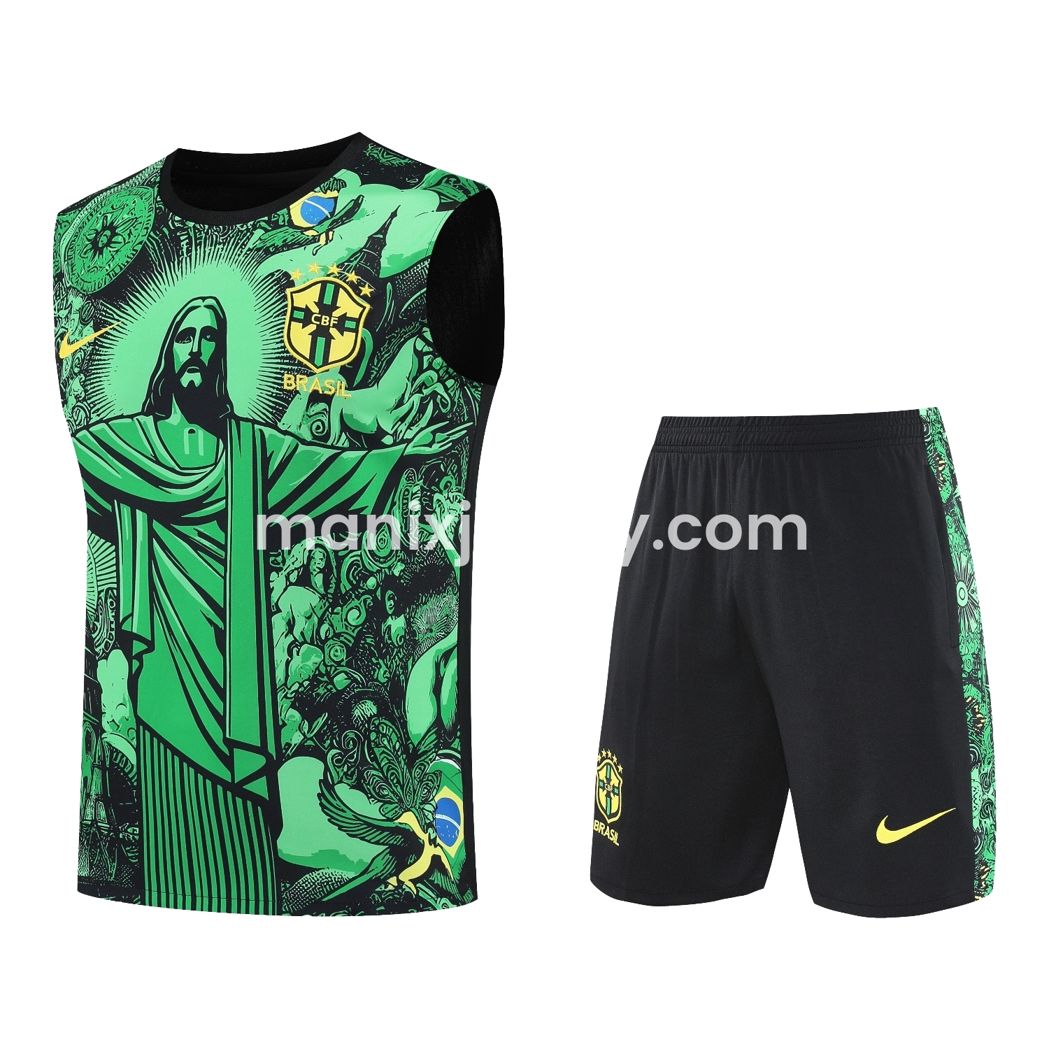 ManixJersey.com | Brazil 25-26 Green Jesus Statue Vest Training Set - Green Vest & Black Shorts -Customize Name, Number and Patch | Worldwide Shipping