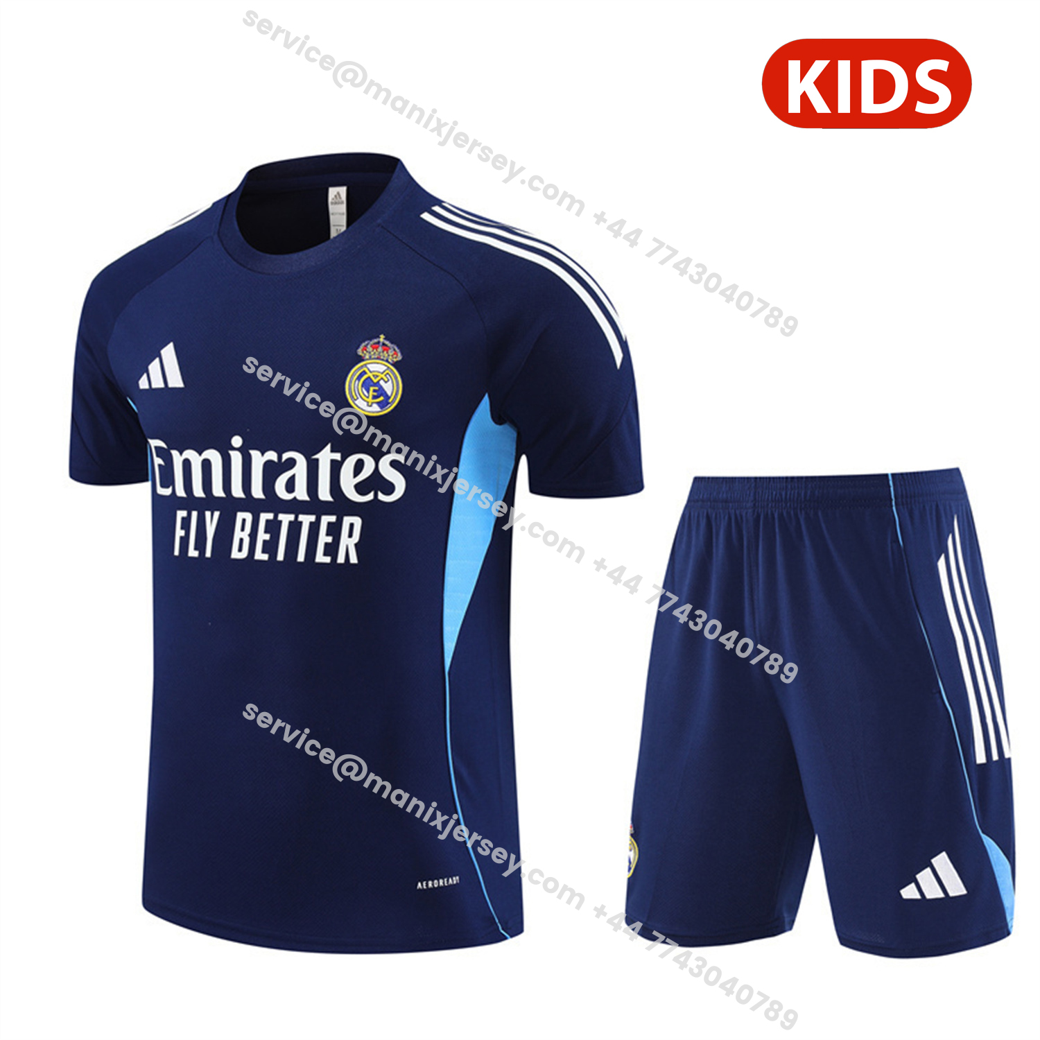 ManixJersey.com | Real Madrid 25-26 Kids Short-Sleeve Training Set - Royal Blue Top & Royal Blue Shorts -Customize Name, Number and Patch | Worldwide Shipping