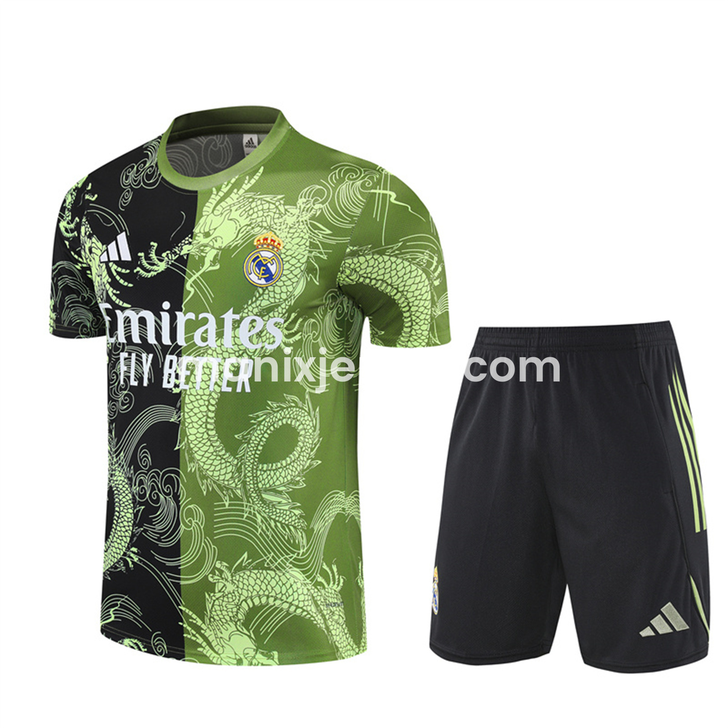 ManixJersey.com | Real Madrid 25-26 Short-Sleeve Training Set - Green Black Top & Black Shorts -Customize Name, Number and Patch | Worldwide Shipping