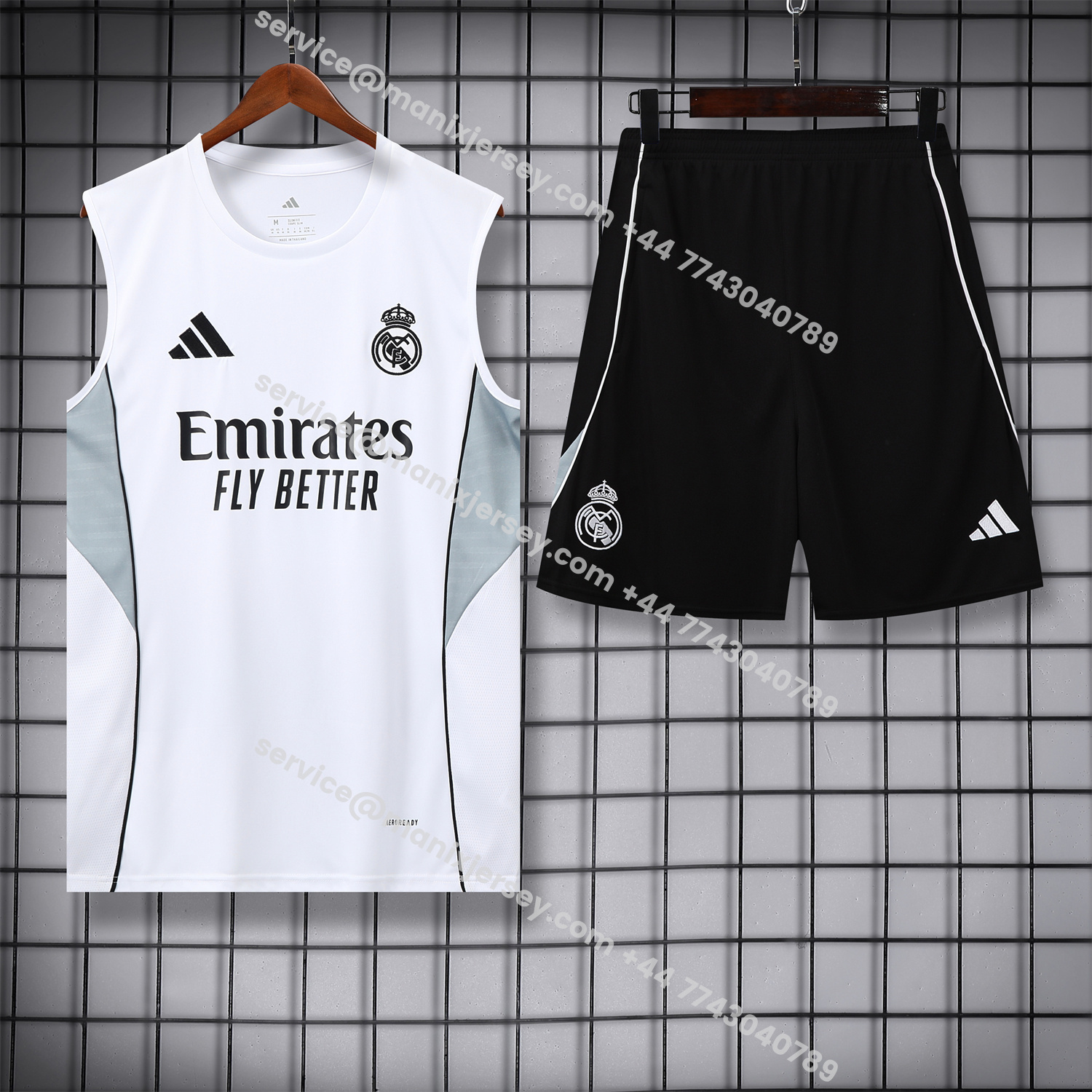 ManixJersey.com | Real Madrid 25-26 Vest Training Set - Grey And White Vest & Black Shorts -Customize Name, Number and Patch | Worldwide Shipping