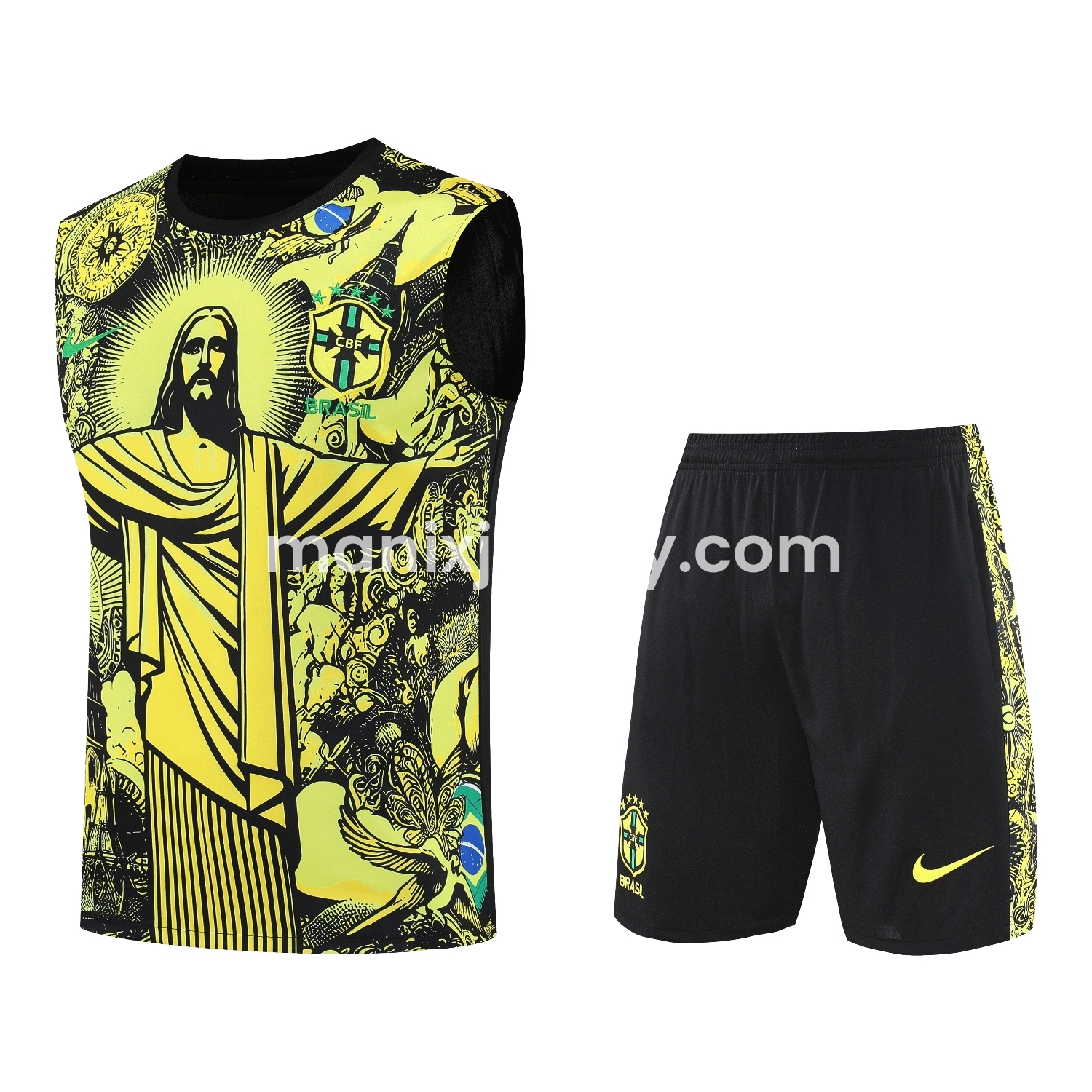 ManixJersey.com | Brazil 25-26 Yellow Jesus Statue Vest Training Set - Yellow Vest & Black Shorts -Customize Name, Number and Patch | Worldwide Shipping