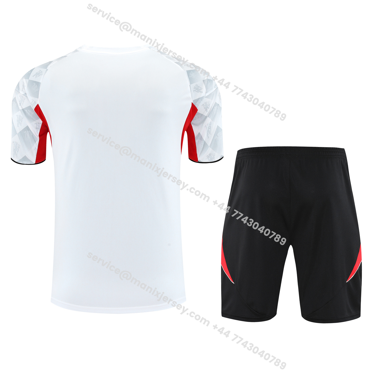 ManixJersey.com | Manchester United 25-26 Short-Sleeve Training Set - Red Edge White Top & Black Shorts -Customize Name, Number and Patch | Worldwide Shipping