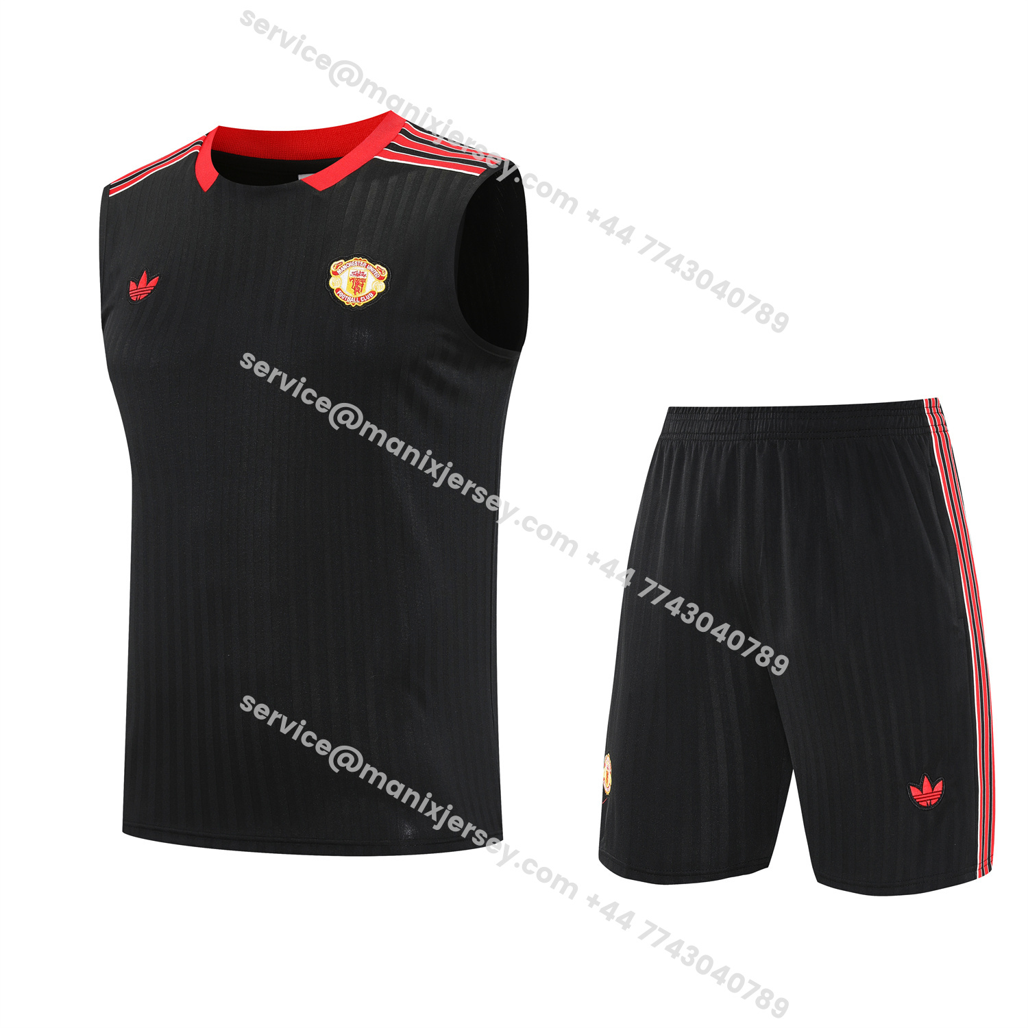 ManixJersey.com | Manchester United 25-26 Vest Training Set - Red Retro Logo Black Vest & Black Shorts -Customize Name, Number and Patch | Worldwide Shipping