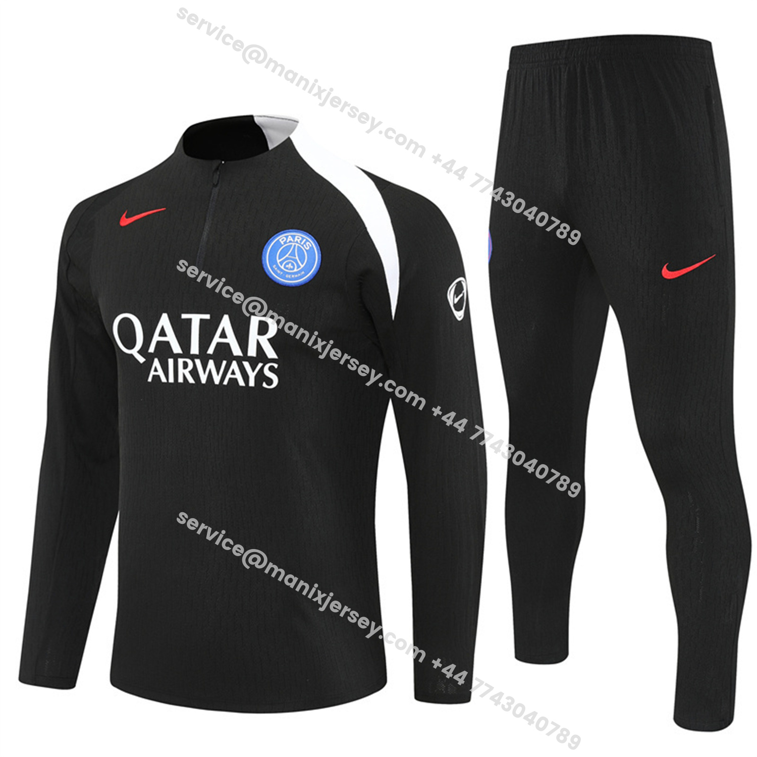 ManixJersey.com | Paris Saint-Germain PSG 25-26 Long Sleeve Training Set - Player Version - Black Top and Black Pants -Customize Name, Number and Patch | Worldwide Shipping