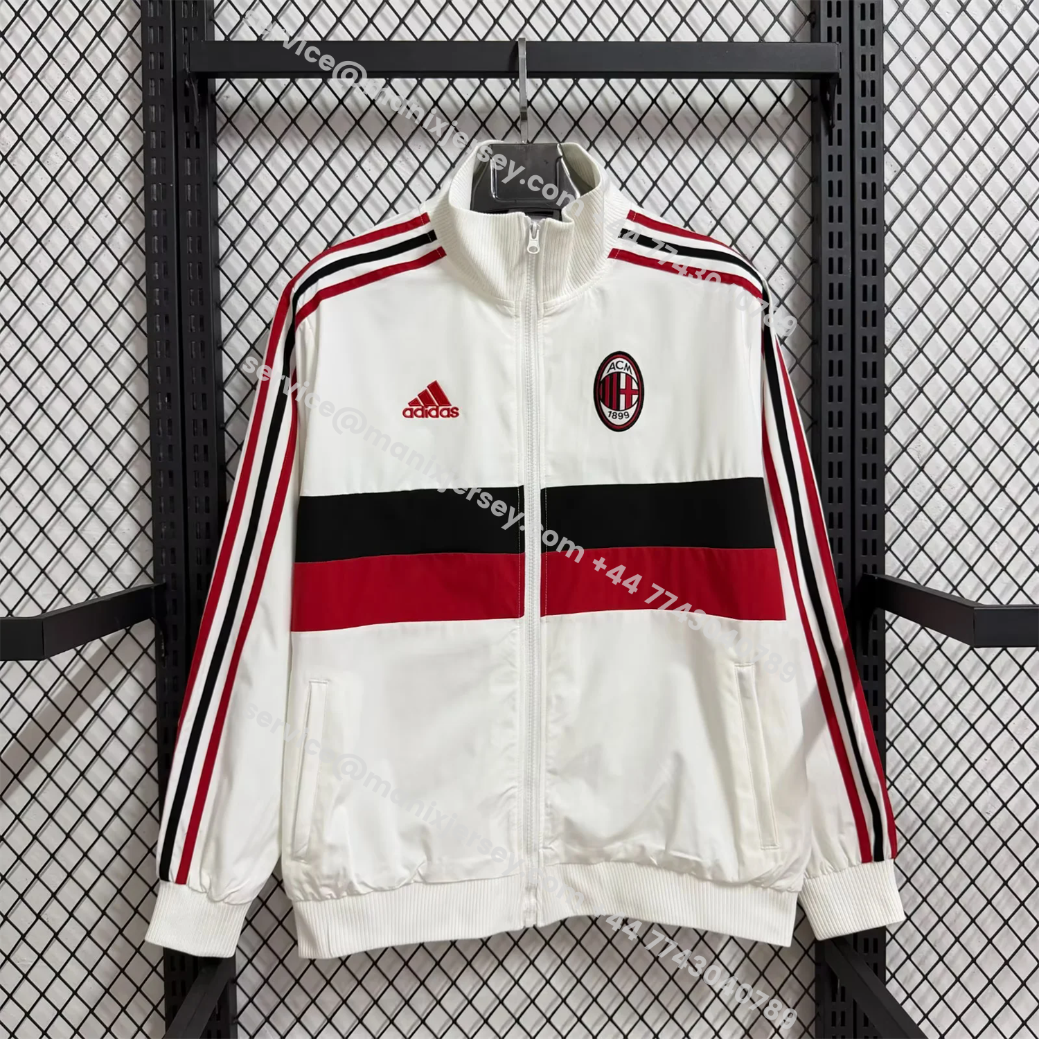 ManixJersey.com | AC Milan 25-26 Windbreaker Jacket - Red Black Horizontal Stripes And White -Customize Name, Number and Patch | Worldwide Shipping