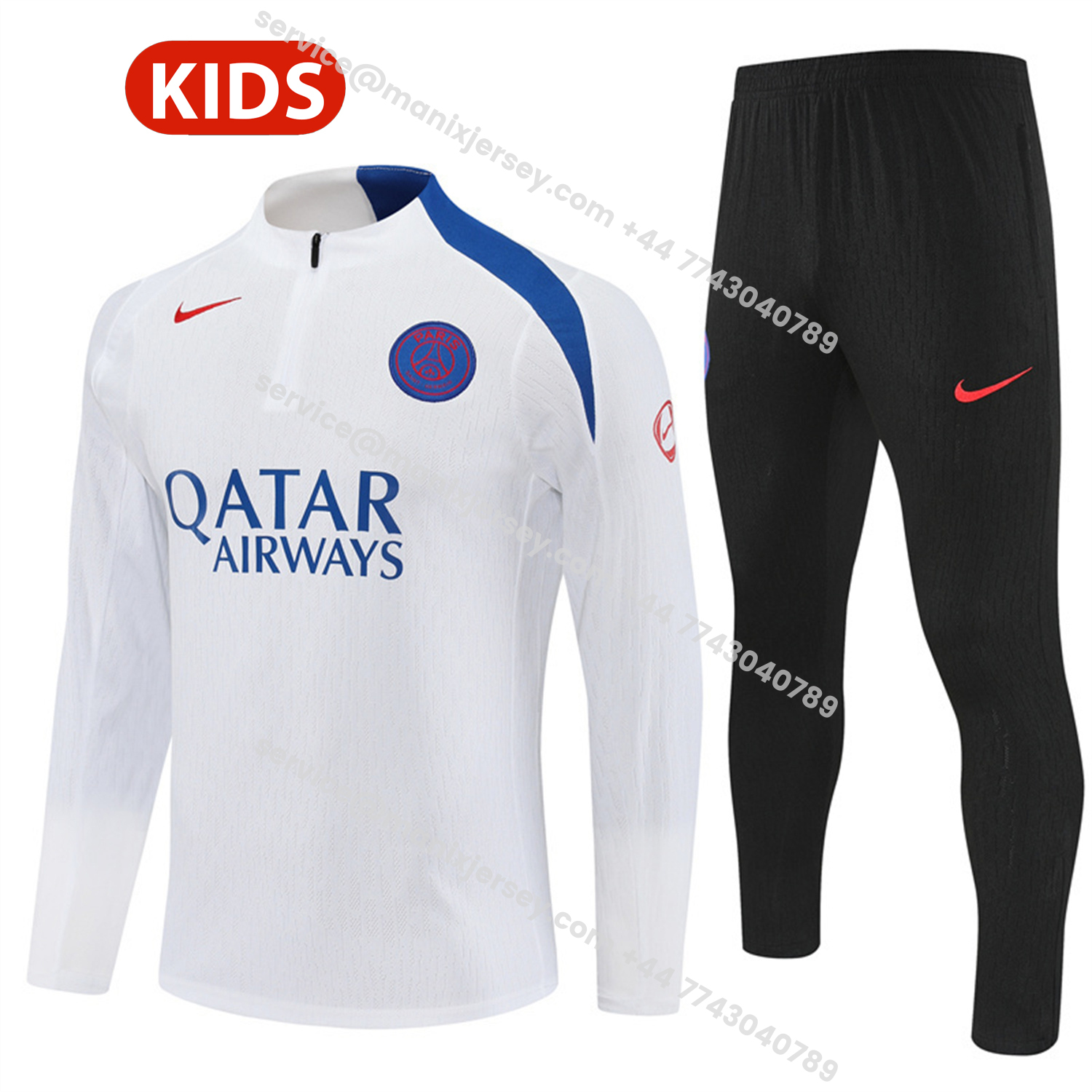 ManixJersey.com | Paris Saint-Germain PSG 25-26 Kids Long Sleeve Training Set - Player Version - White Top and Black Pants -Customize Name, Number and Patch | Worldwide Shipping
