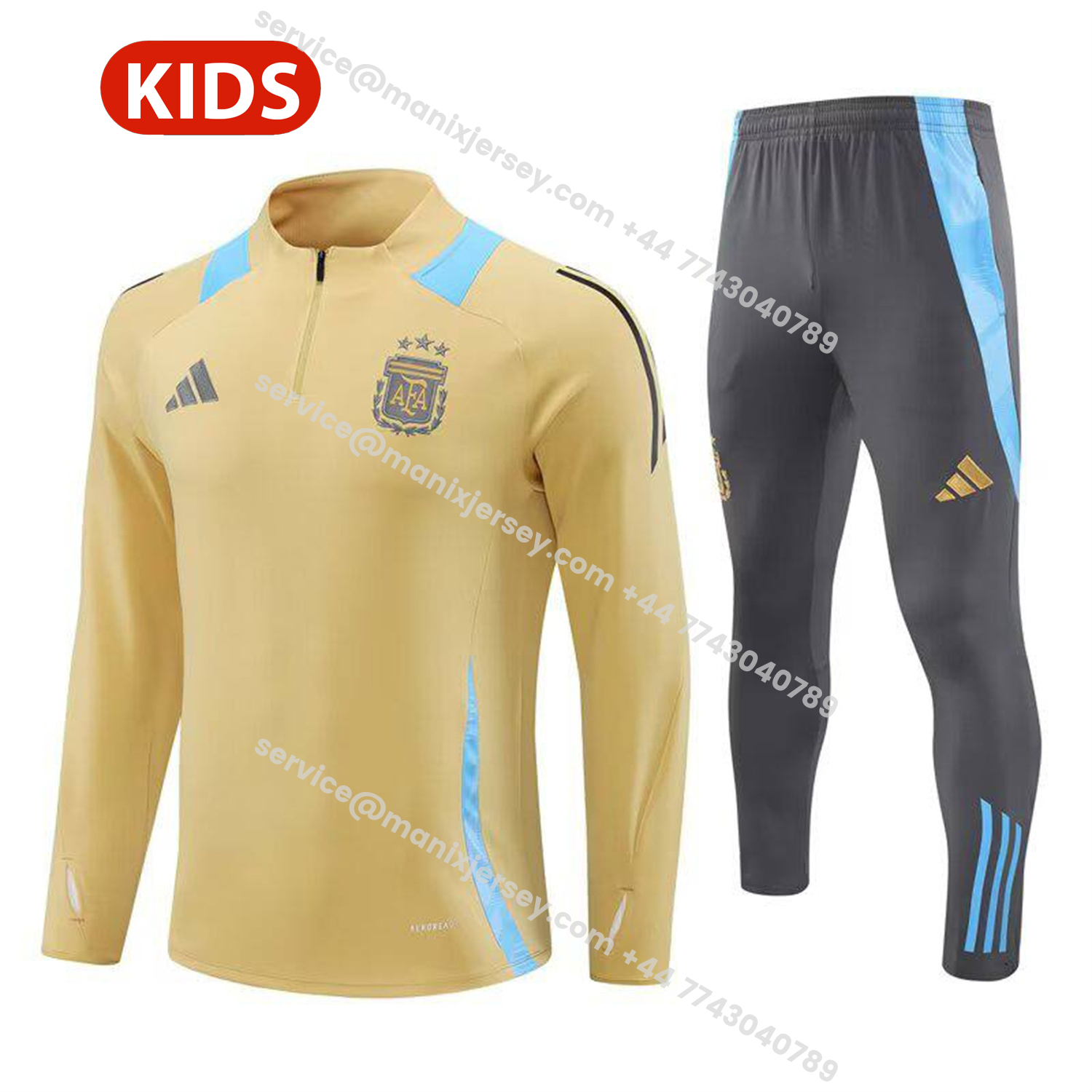 ManixJersey.com | Argentina 25-26 Kids Long Sleeve Training Set - Gold Top and Grey Pants -Customize Name, Number and Patch | Worldwide Shipping