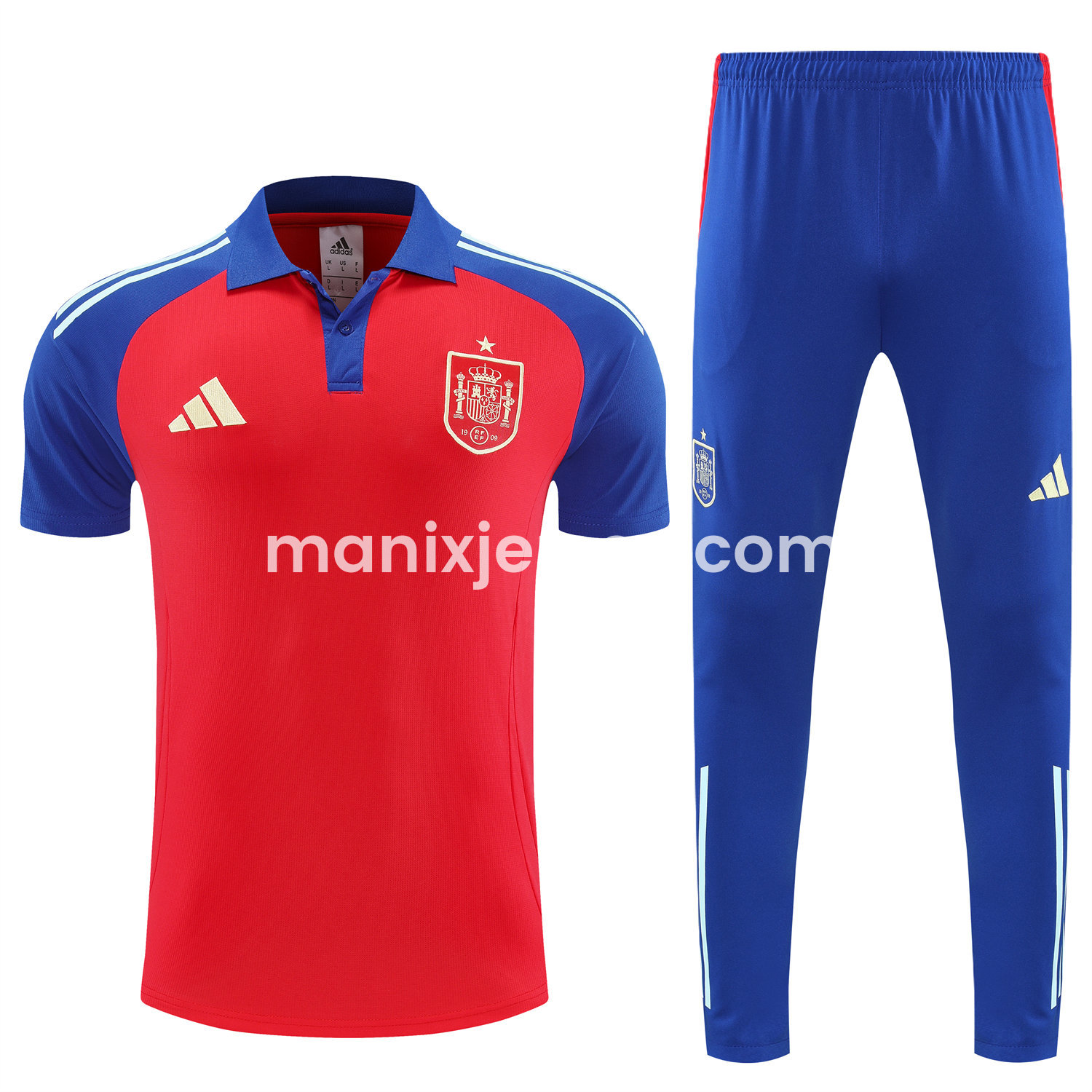 ManixJersey.com | Spain 25-26 POLO Short-Sleeve Training Set - Red Top and Blue Pants -Customize Name, Number and Patch | Worldwide Shipping