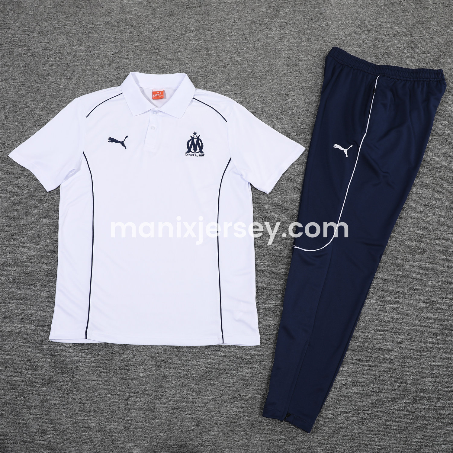 ManixJersey.com | Marseille 25-26 POLO Short-Sleeve Training Set - White Top and Deep Blue Pants -Customize Name, Number and Patch | Worldwide Shipping