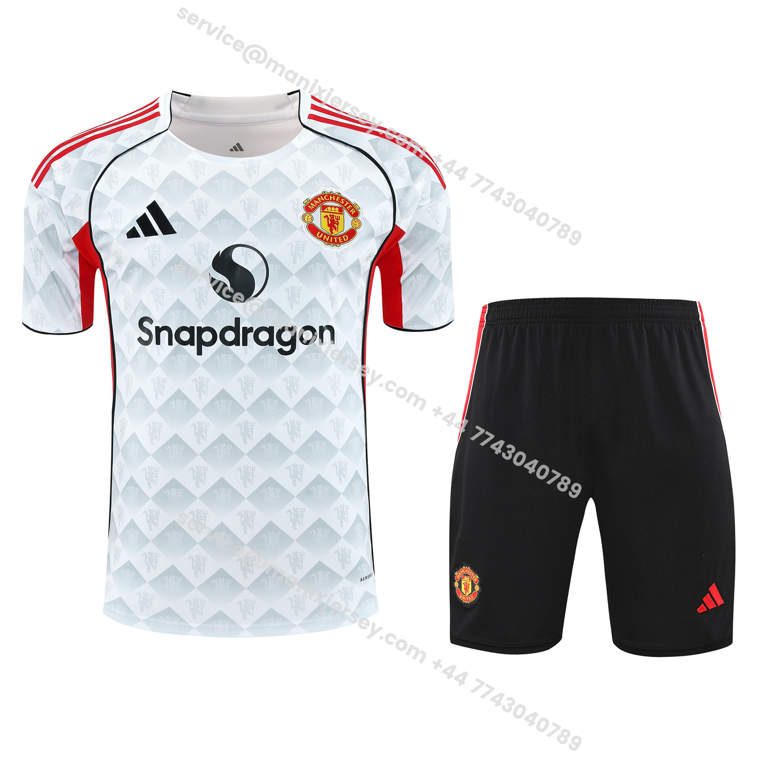 ManixJersey.com | Manchester United 25-26 Short-Sleeve Training Set - Red Edge White Top & Black Shorts -Customize Name, Number and Patch | Worldwide Shipping