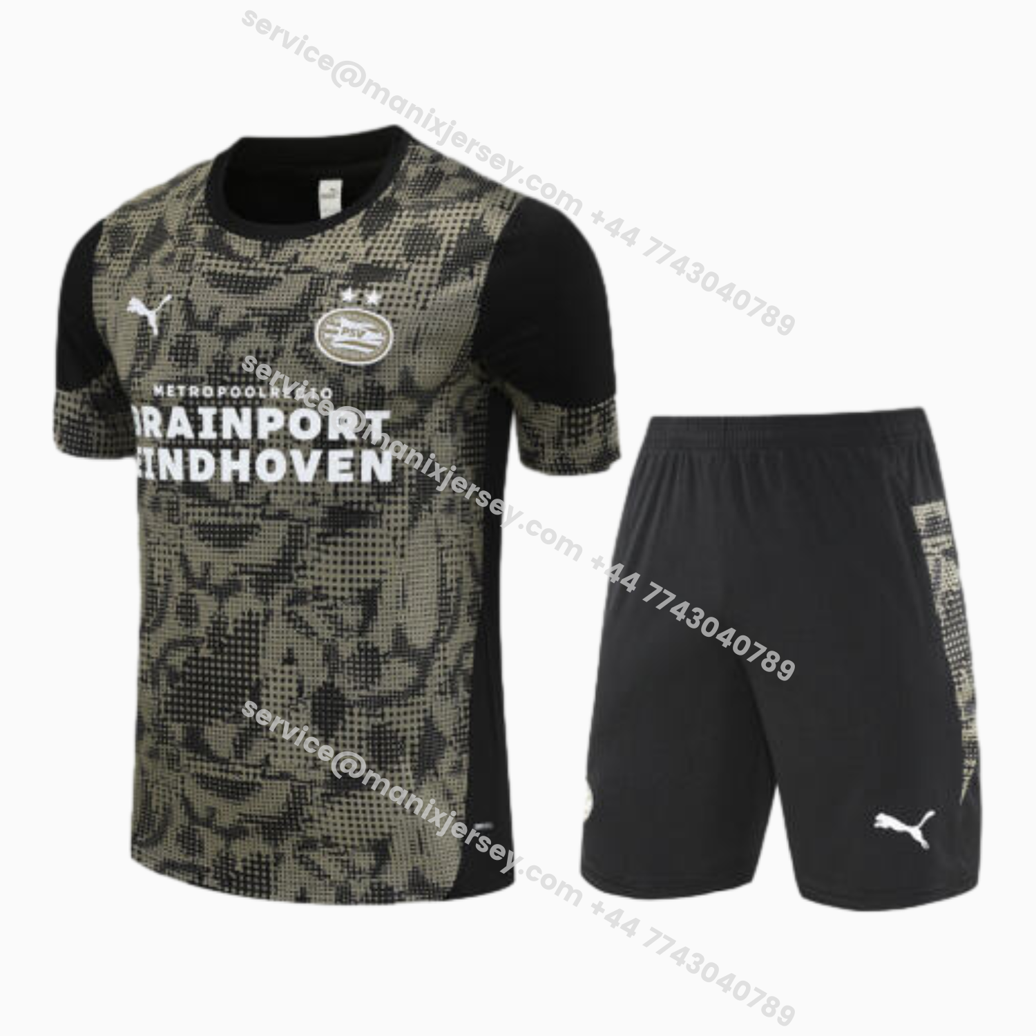 ManixJersey.com | PSV Eindhoven 25-26 Short-Sleeve Training Set - Army Green Top & Black Shorts -Customize Name, Number and Patch | Worldwide Shipping