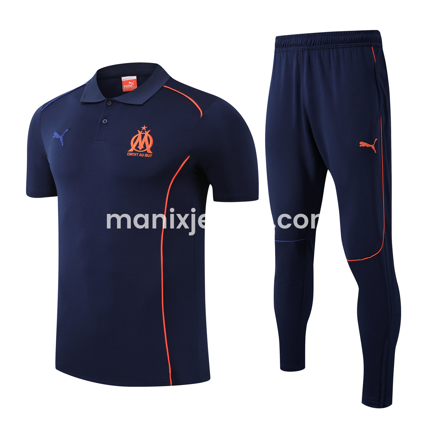 ManixJersey.com | Marseille 25-26 POLO Short-Sleeve Training Set - Deep Blue Top and Pants -Customize Name, Number and Patch | Worldwide Shipping