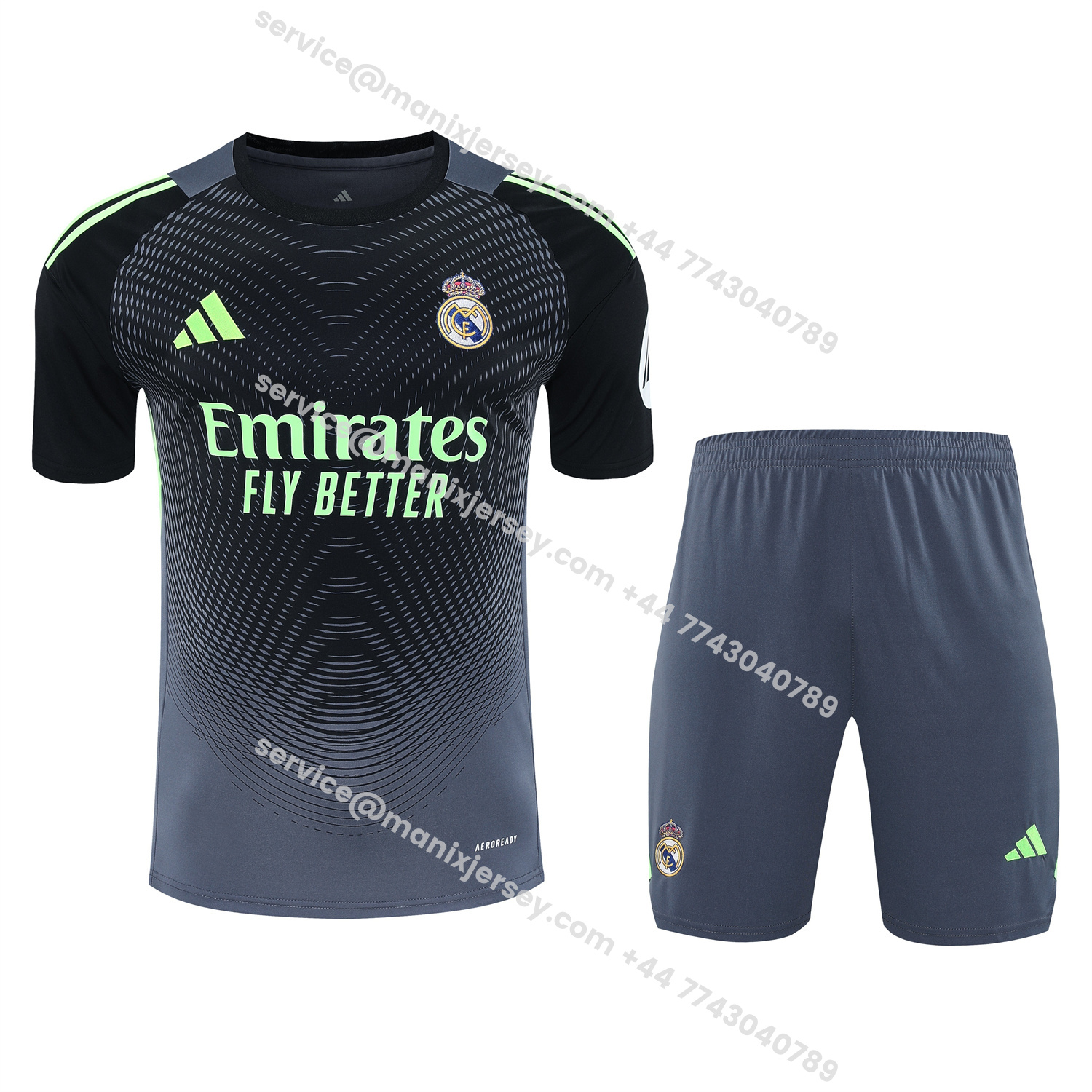 ManixJersey.com | Real Madrid 25-26 Short-Sleeve Training Set - Deep Gray Top & Gray Shorts -Customize Name, Number and Patch | Worldwide Shipping