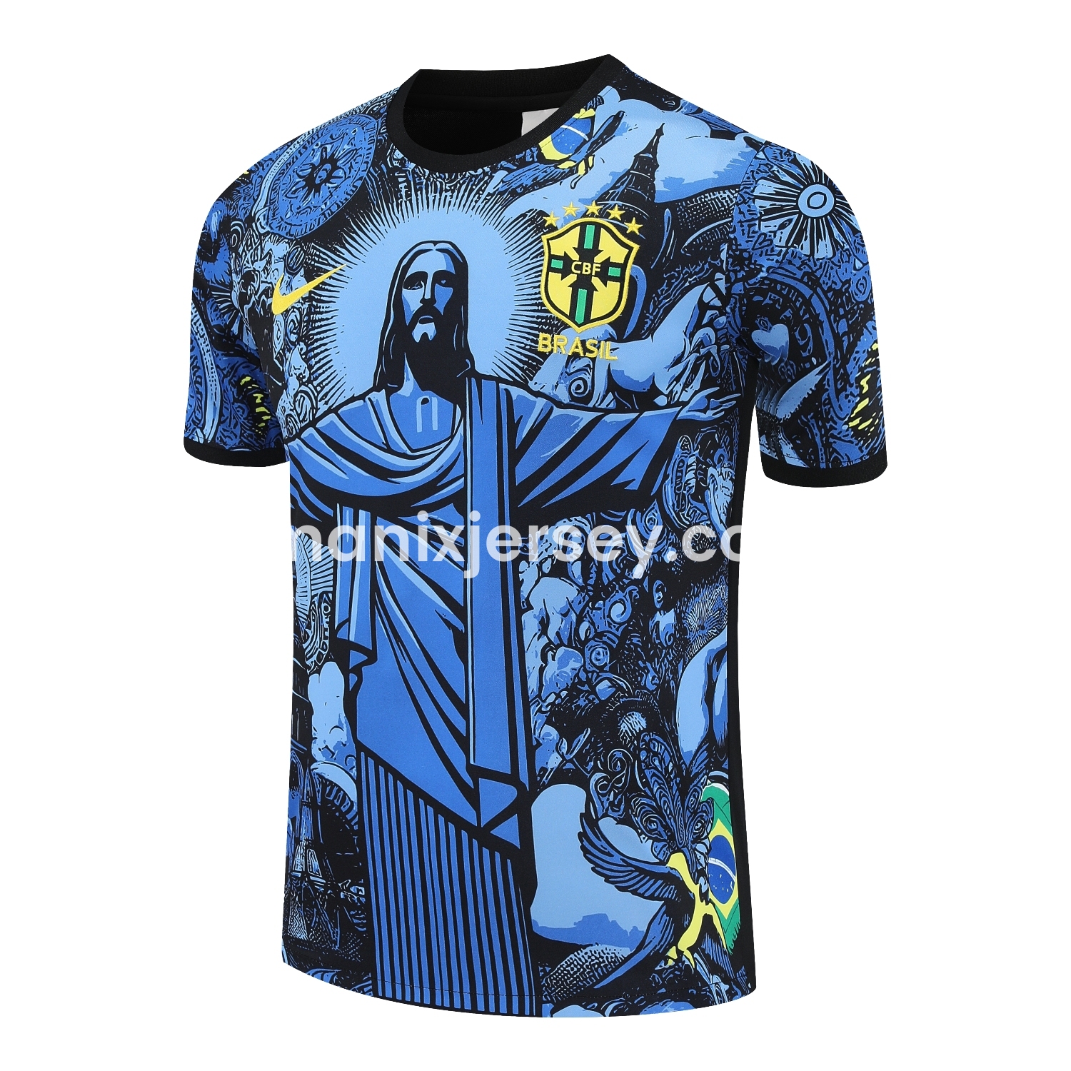 ManixJersey.com | Brazil 25-26 Blue Jesus Statue Short-Sleeve Training Set - Blue Top & Black Shorts -Customize Name, Number and Patch | Worldwide Shipping