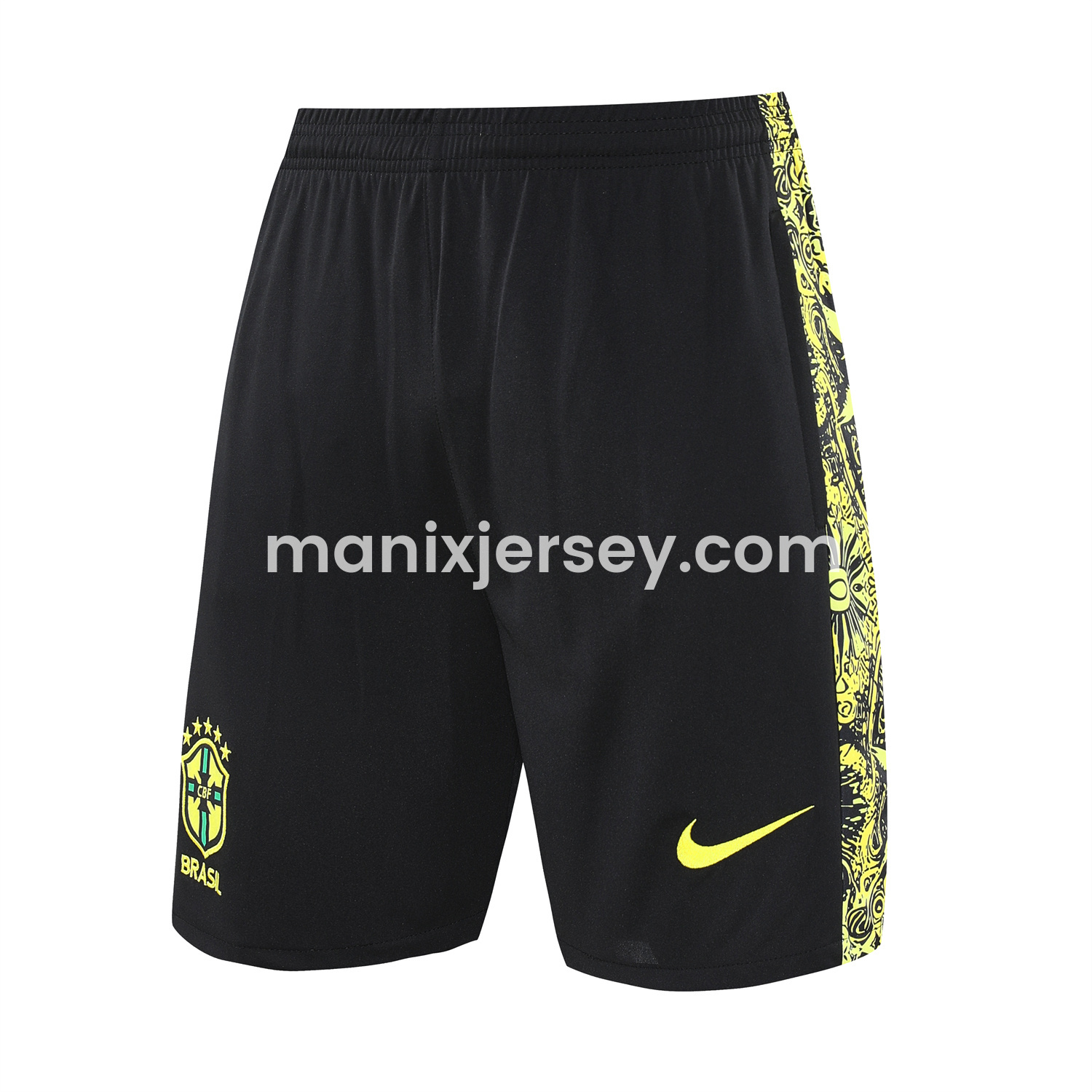 ManixJersey.com | Brazil 25-26 Yellow Jesus Statue Short-Sleeve Training Set - Yellow Top & Black Shorts -Customize Name, Number and Patch | Worldwide Shipping