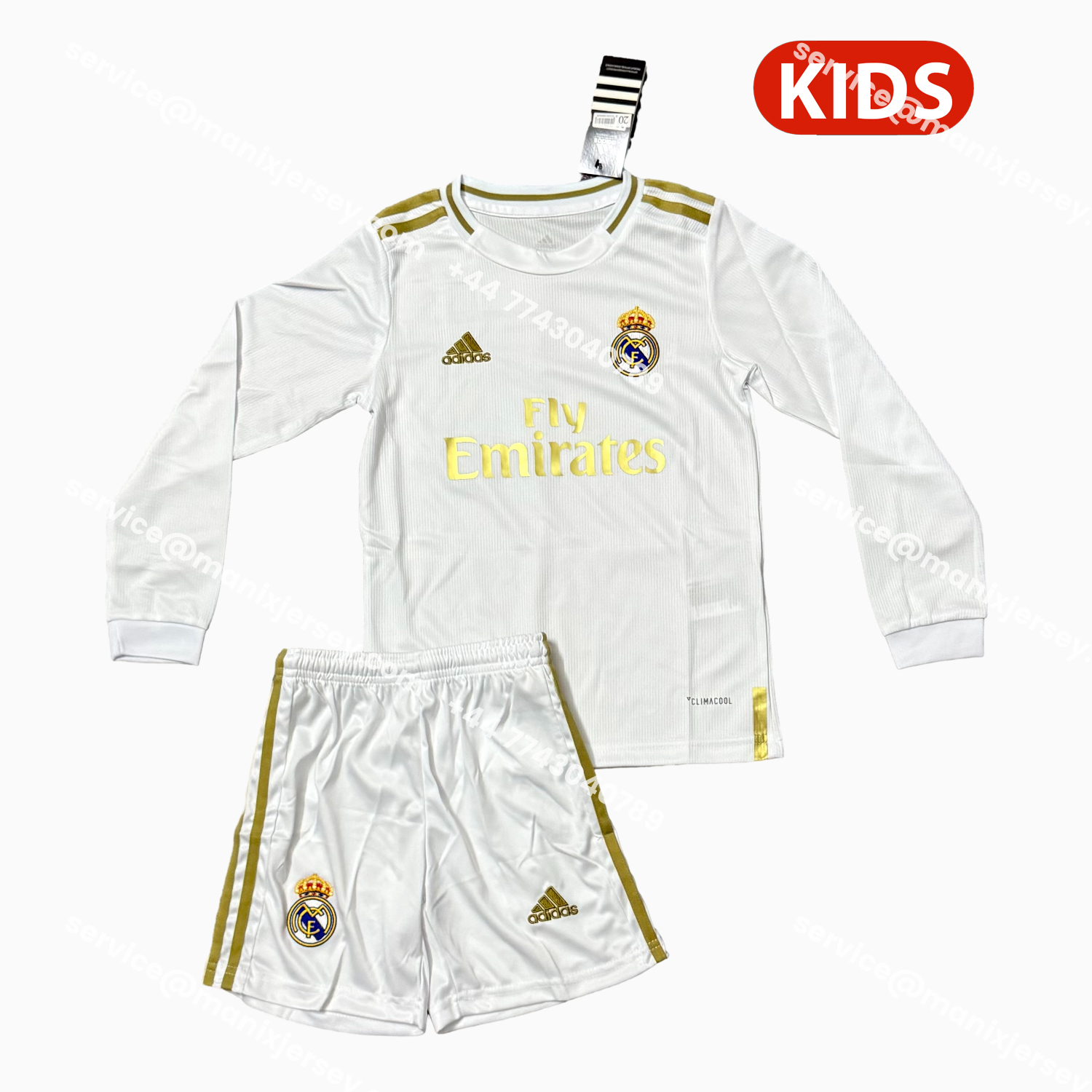 ManixJersey.com | Retro Real Madrid 19-20 Home Long Sleeves Kids Kit -Customize Name, Number and Patch | Worldwide Shipping