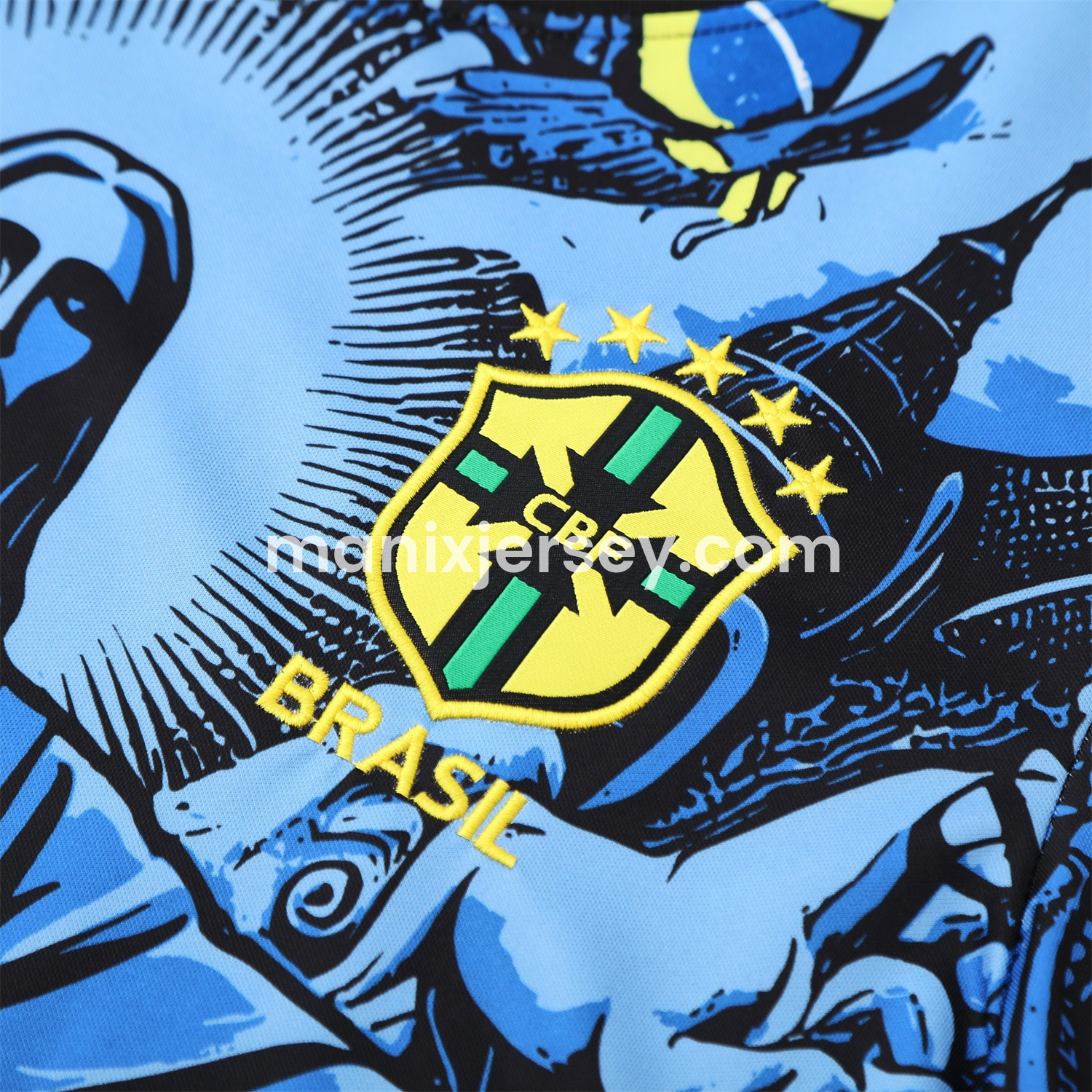 ManixJersey.com | Brazil 25-26 Blue Jesus Statue Short-Sleeve Training Set - Blue Top & Black Shorts -Customize Name, Number and Patch | Worldwide Shipping