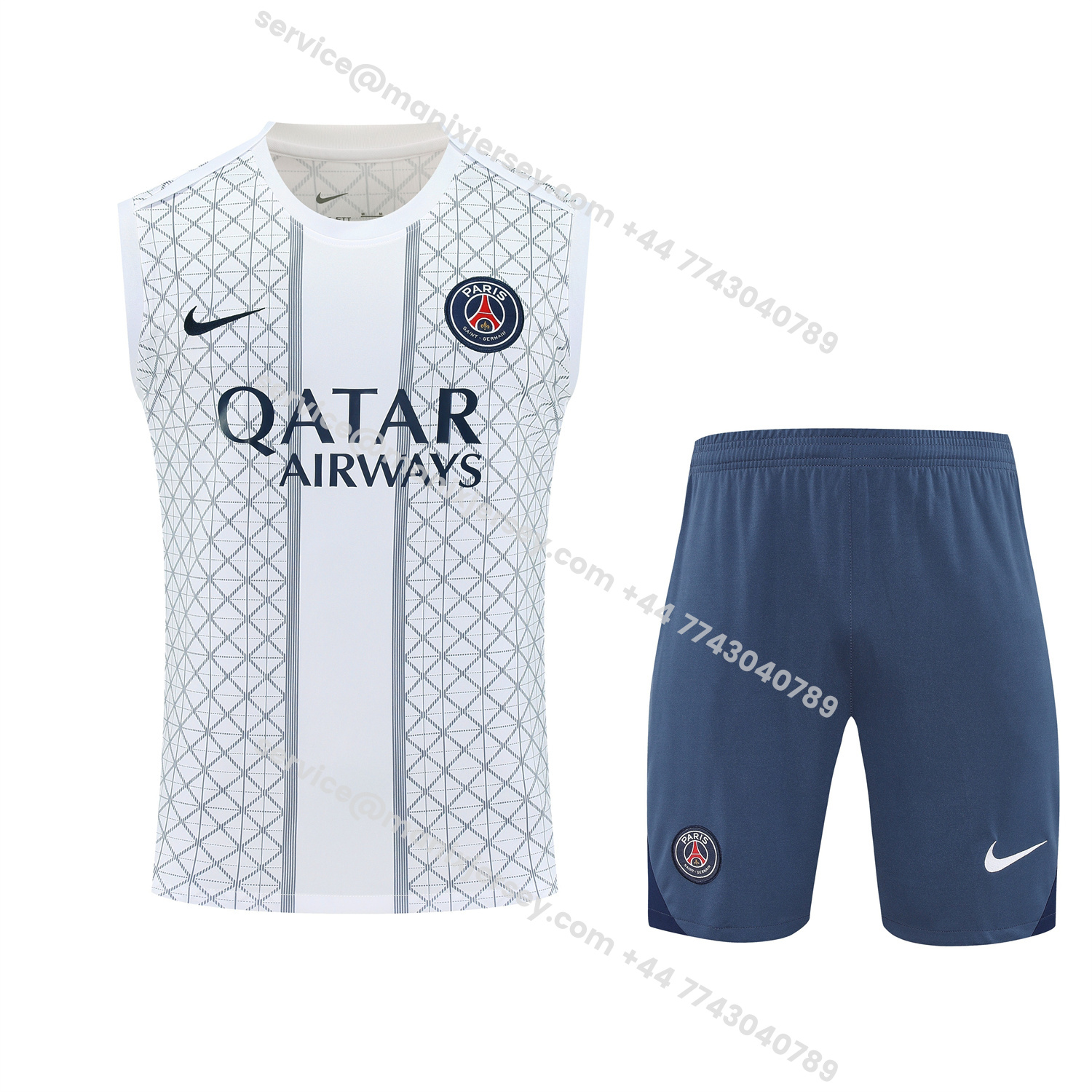 ManixJersey.com | Paris Saint-Germain PSG 25-26 Vest Training Set - White Vest & Deep Blue Shorts -Customize Name, Number and Patch | Worldwide Shipping
