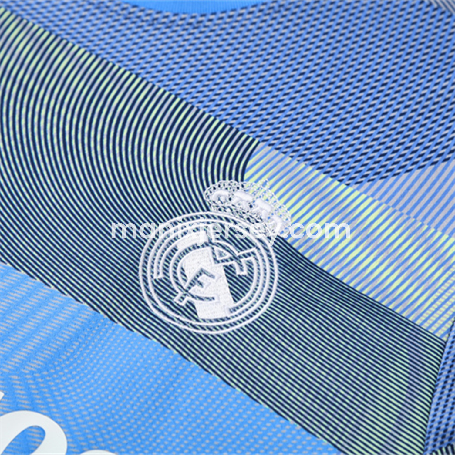 ManixJersey.com | Real Madrid 25-26 Pre-Match Short-Sleeve Training Set - Blue-Gray Camouflage Top and Blue Shorts -Customize Name, Number and Patch | Worldwide Shipping