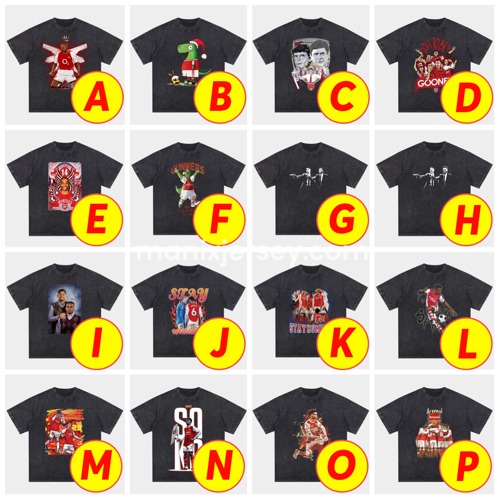 ManixJersey.com | Arsenal Henry Wenger Saka Gunners Oversized Washed T-Shirt -Customize Name, Number and Patch | Worldwide Shipping