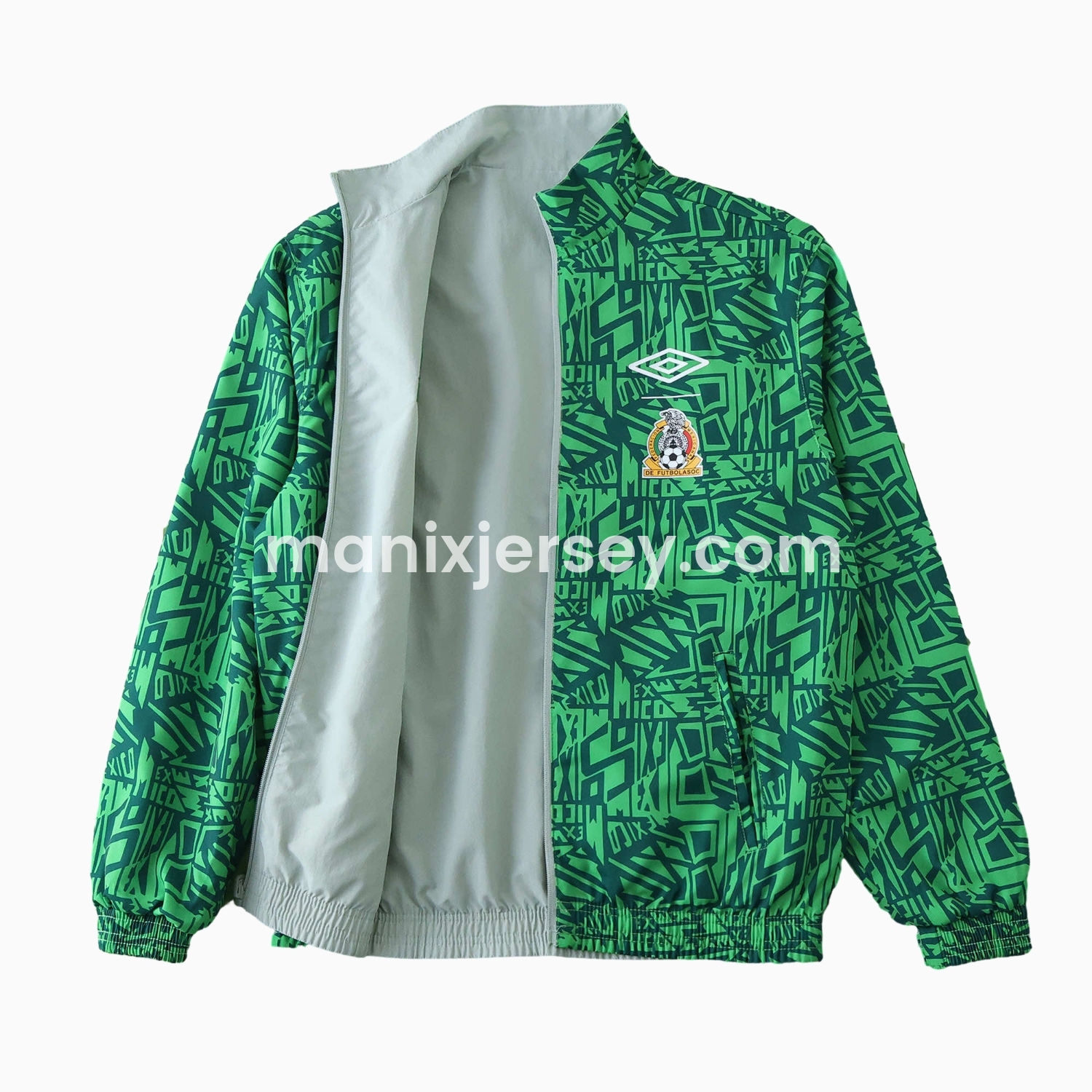 ManixJersey.com | Retro Mexico 1994 Retro Style Double Sided Reversible Windbreaker - Green & Grey -Customize Name, Number and Patch | Worldwide Shipping