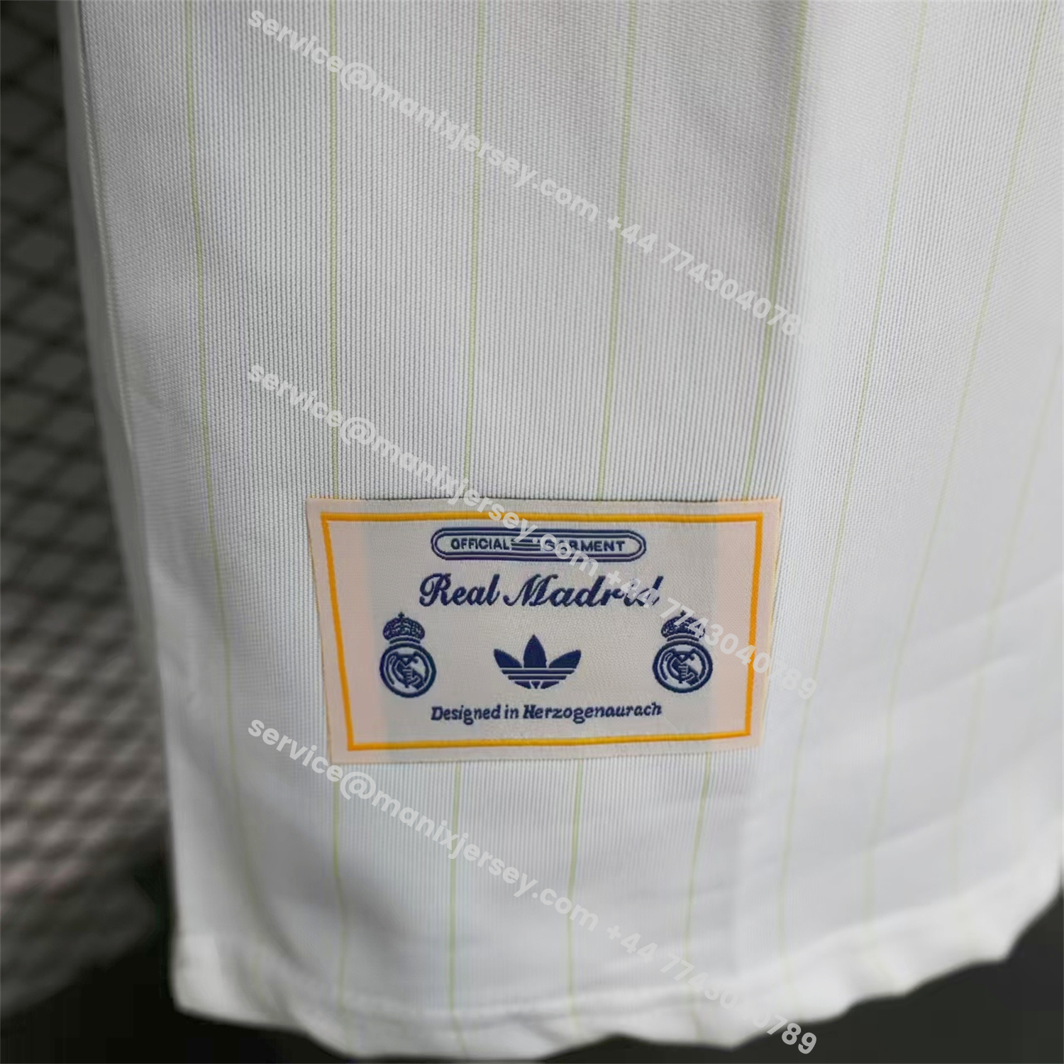 ManixJersey.com | Real Madrid 25-26 Trefoil Blue Lines White Travel Jersey - Player Version -Customize Name, Number and Patch | Worldwide Shipping