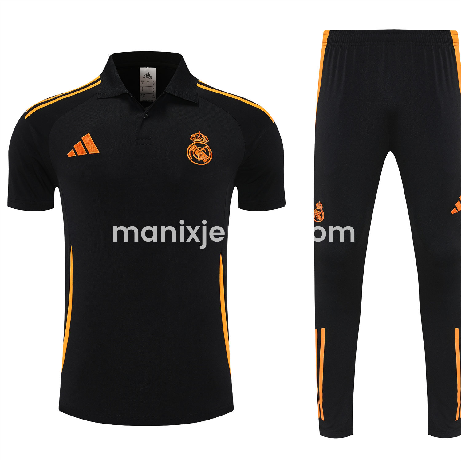 ManixJersey.com | Real Madrid 25-26 POLO Short-Sleeve Training Set - Black Top and Pants with Yellow Stripes -Customize Name, Number and Patch | Worldwide Shipping