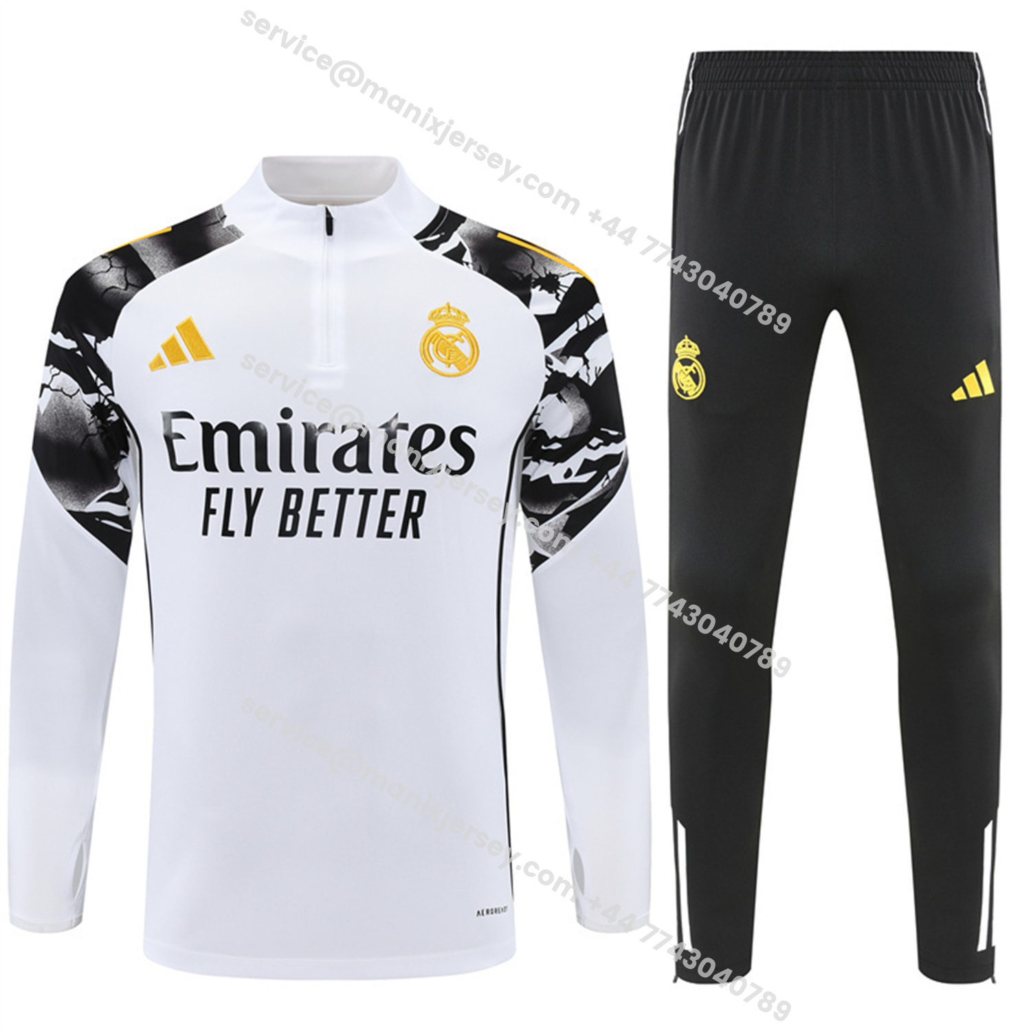 ManixJersey.com | Real Madrid 25-26 Long Sleeve Training Set - White Top & Black Pants -Customize Name, Number and Patch | Worldwide Shipping