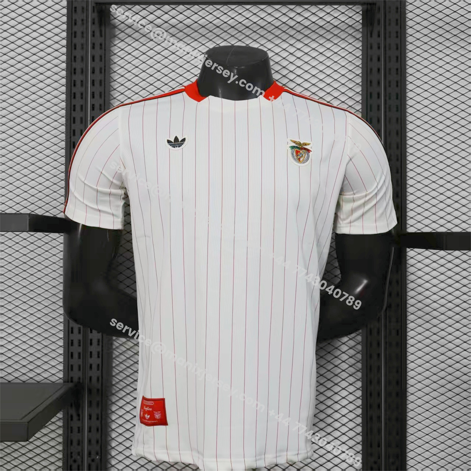 ManixJersey.com | Benfica 25-26 Trefoil Red Lines White Travel Jersey - Player Version -Customize Name, Number and Patch | Worldwide Shipping