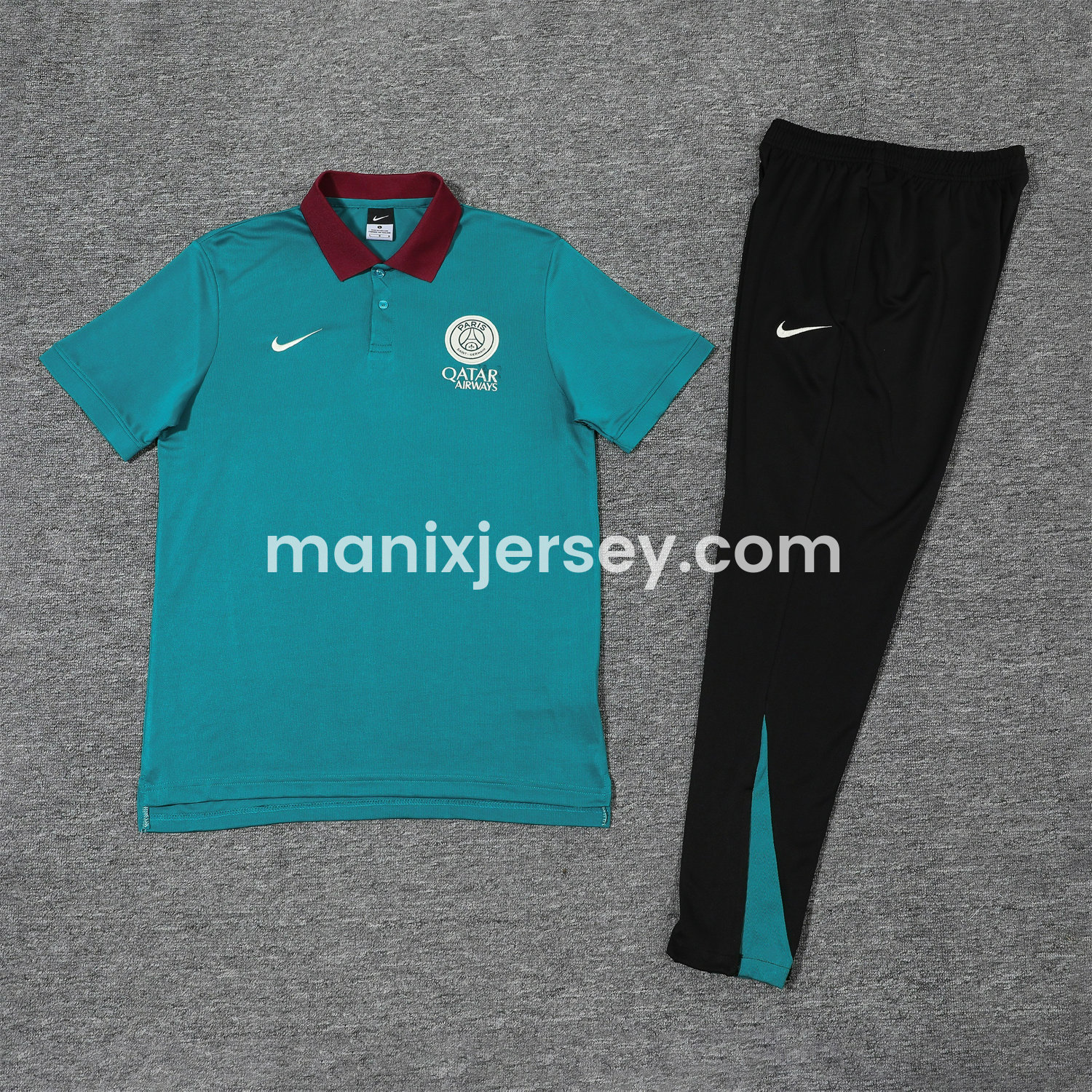 ManixJersey.com | Paris Saint-Germain PSG 25-26 POLO Short-Sleeve Training Set - Blue Green Top and Black Pants -Customize Name, Number and Patch | Worldwide Shipping