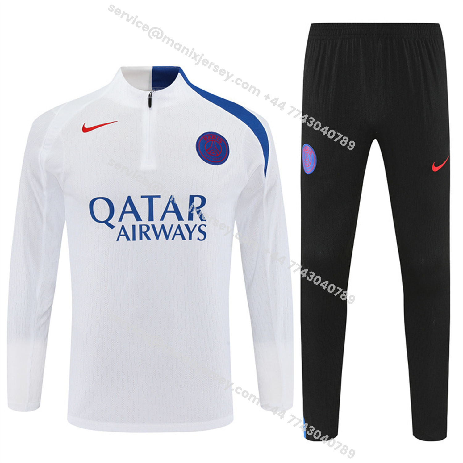 ManixJersey.com | Paris Saint-Germain PSG 25-26 Kids Long Sleeve Training Set - Player Version - White Top and Black Pants -Customize Name, Number and Patch | Worldwide Shipping