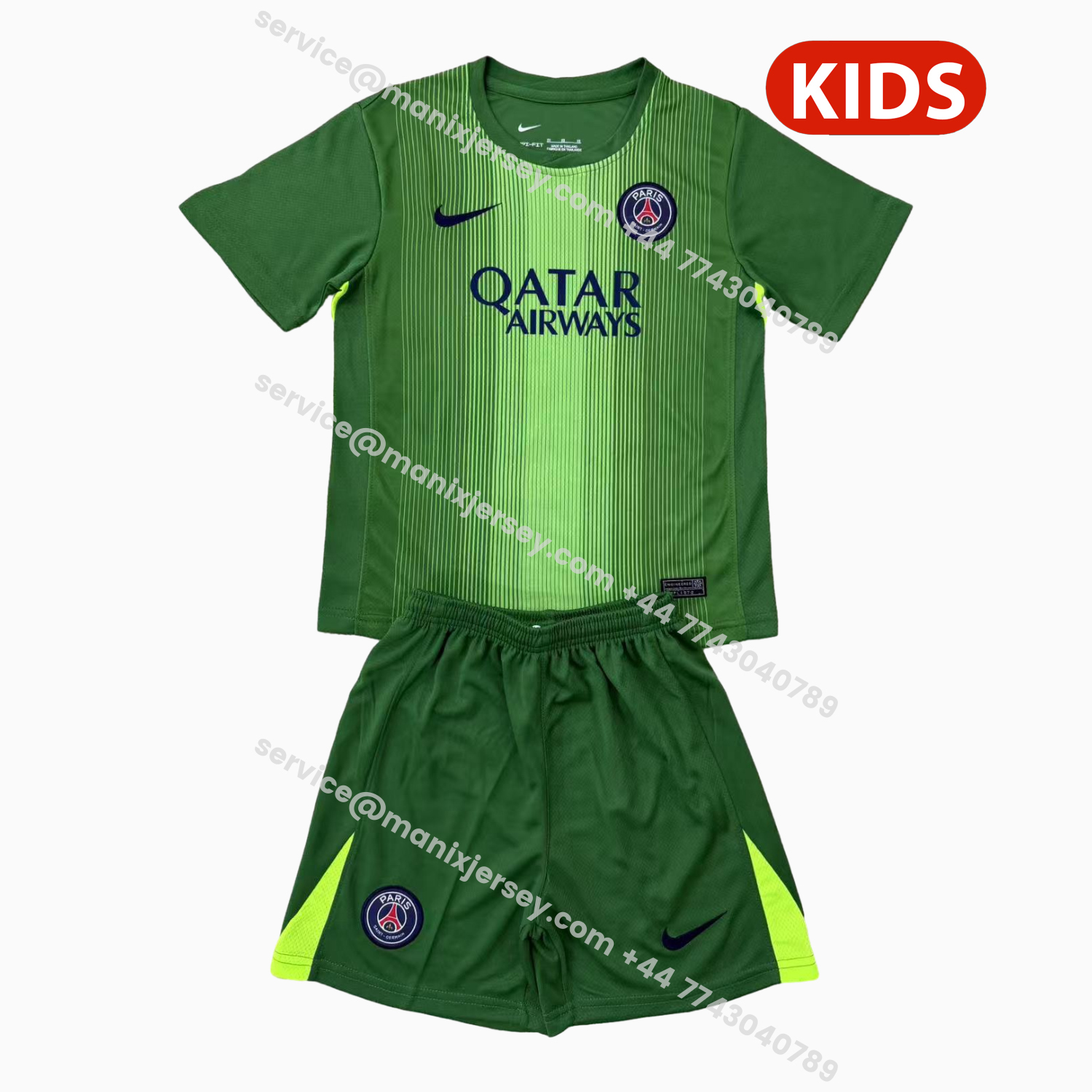 ManixJersey.com | Paris Saint-Germain PSG 25-26 Green Goalkeeper Kids Kit -Customize Name, Number and Patch | Worldwide Shipping