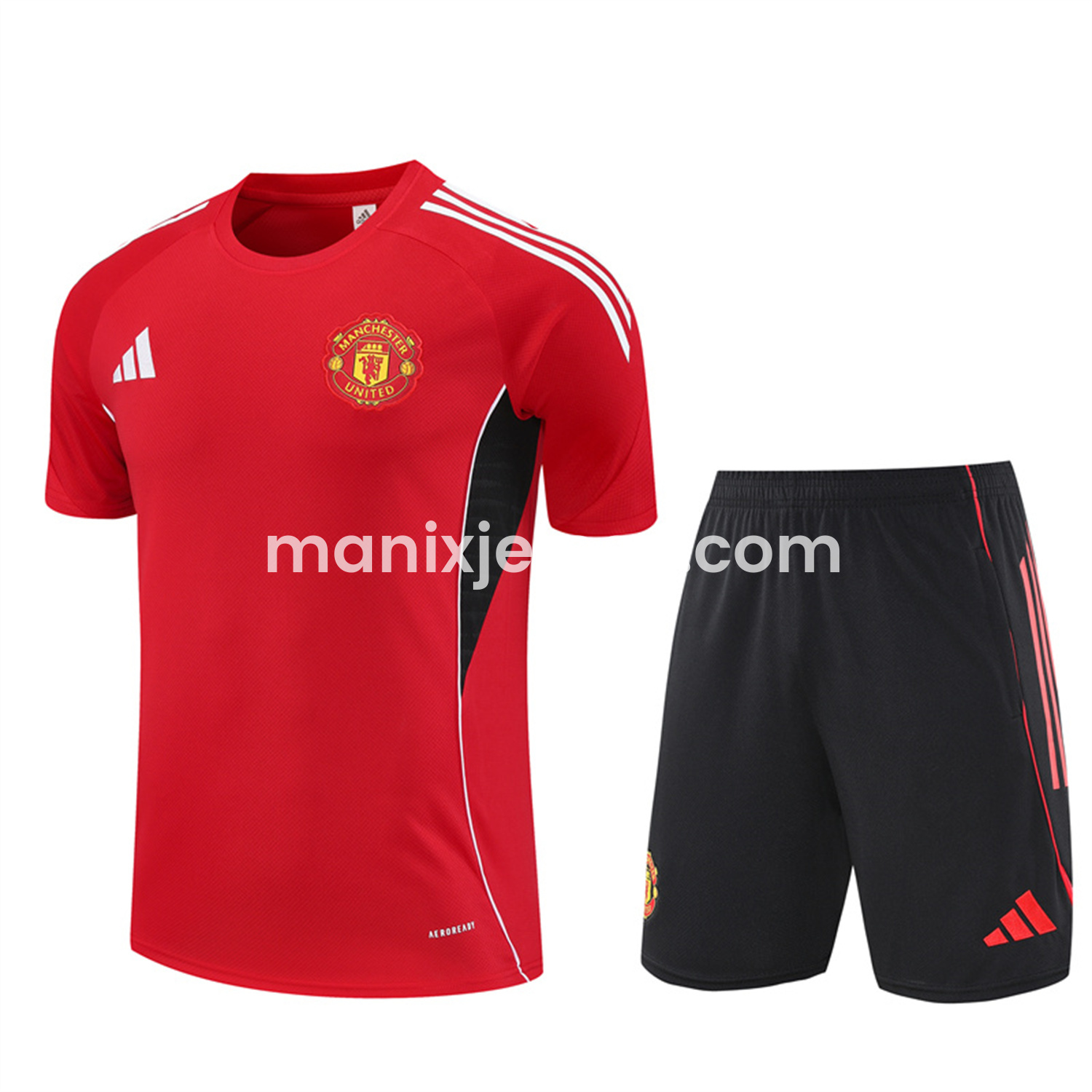 ManixJersey.com | Manchester United 25-26 Short-Sleeve Training Set - Red Top & Black Shorts -Customize Name, Number and Patch | Worldwide Shipping