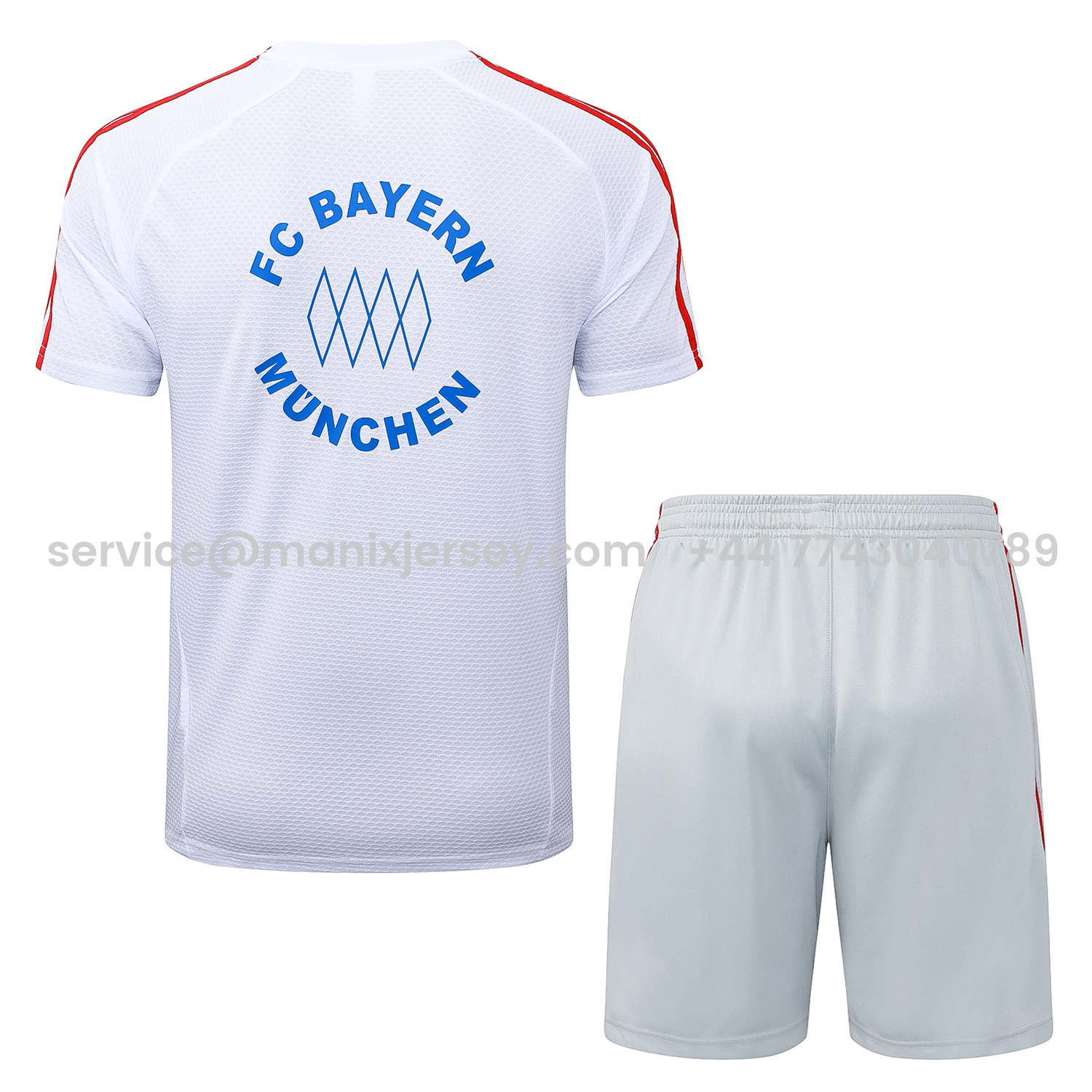 ManixJersey.com | Bayern Munich 25-26 Short-Sleeve Training Set - White Throwback Top & Grey Shorts -Customize Name, Number and Patch | Worldwide Shipping