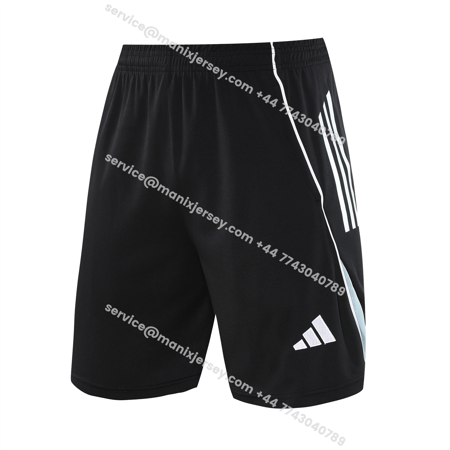 ManixJersey.com | Real Madrid 25-26 Short-Sleeve Training Set - Light Grey Stripes Black Top & Black Shorts -Customize Name, Number and Patch | Worldwide Shipping