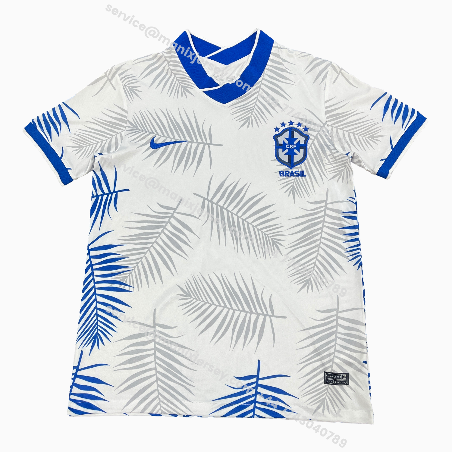 ManixJersey.com | Brazil 25-26 Blue And Grey Leaves White Jersey - Fans Version -Customize Name, Number and Patch | Worldwide Shipping