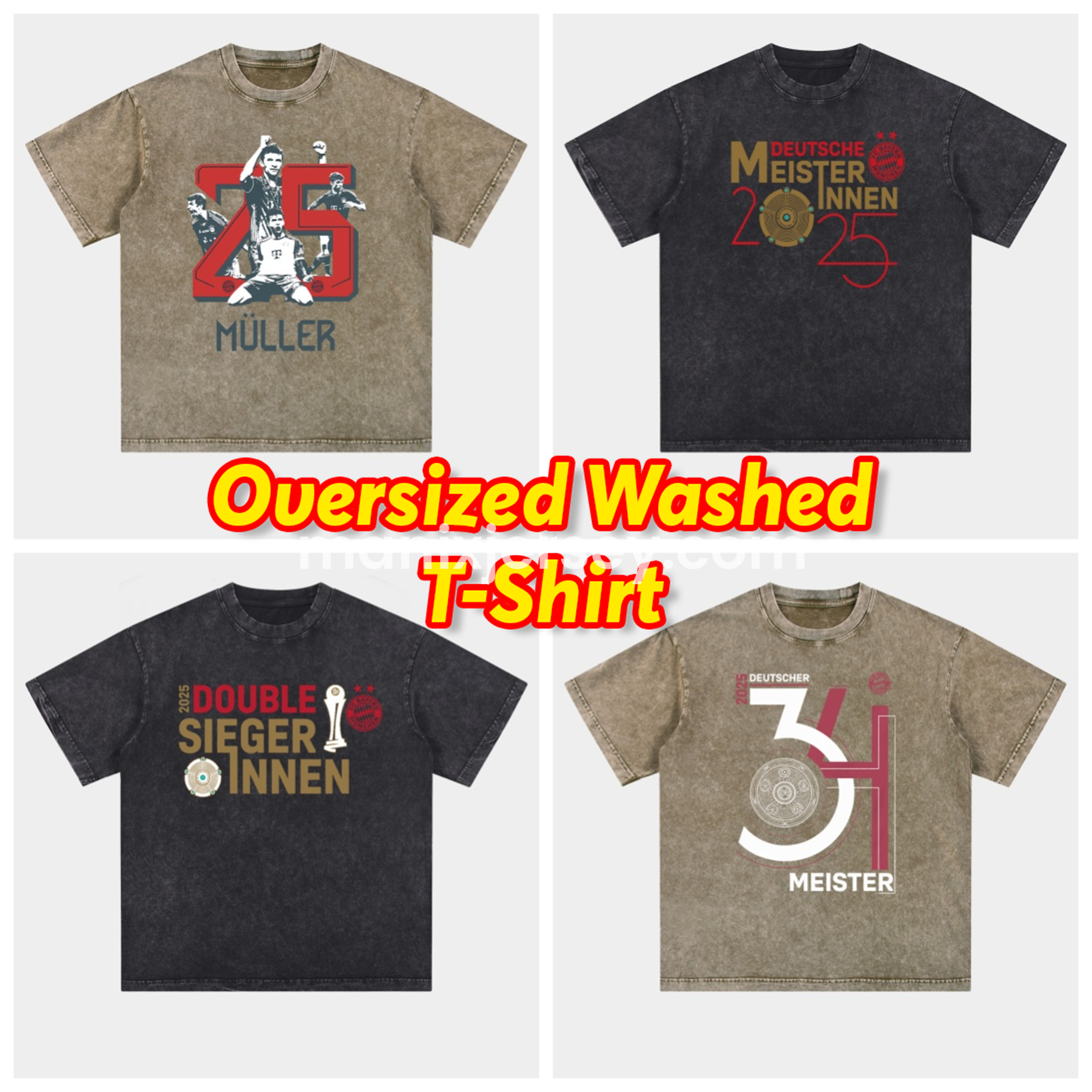 ManixJersey.com | Bayern Munich Bundesliga Champions Deutscher Meister 2025 Oversized Washed T-Shirt -Customize Name, Number and Patch | Worldwide Shipping