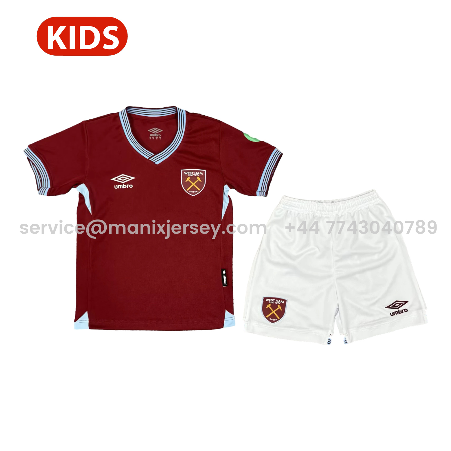 ManixJersey.com | West Ham United 25-26 Home Kids Kit -Customize Name, Number and Patch | Worldwide Shipping