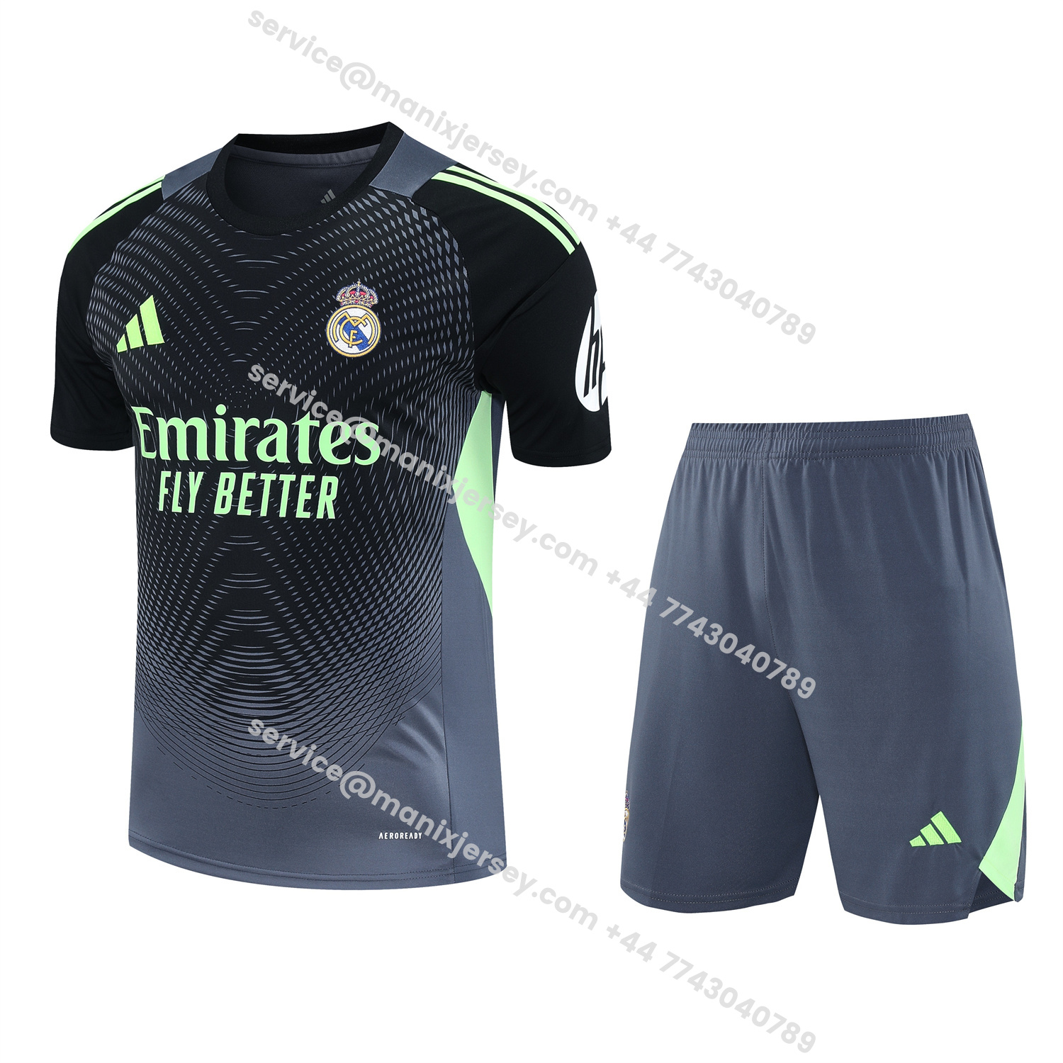 ManixJersey.com | Real Madrid 25-26 Short-Sleeve Training Set - Deep Gray Top & Gray Shorts -Customize Name, Number and Patch | Worldwide Shipping