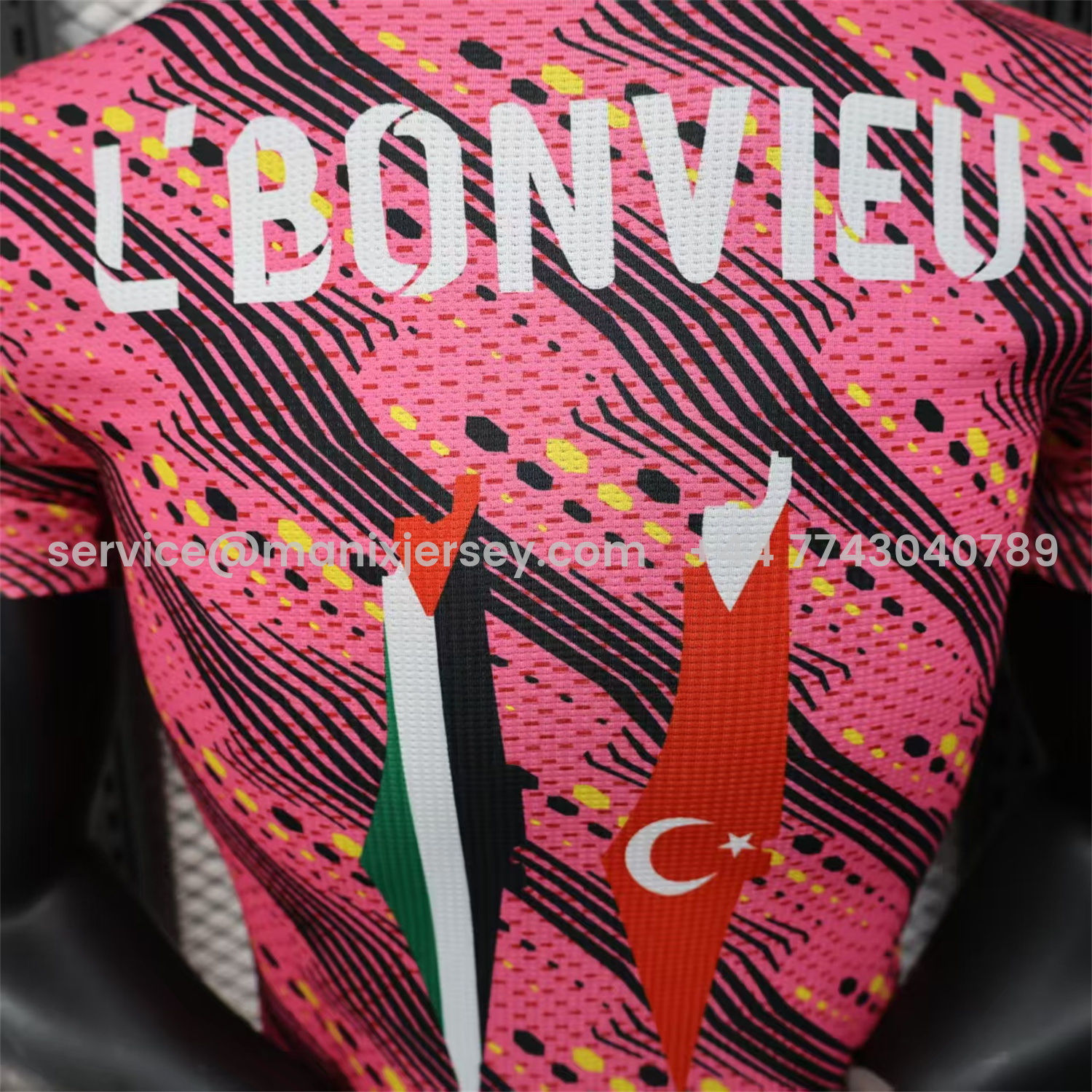 ManixJersey.com | Club Deportivo Palestino Palestine 25-26 Black Lines Pink Jersey With L‘BONVIEU No.11 - Player Version -Customize Name, Number and Patch | Worldwide Shipping