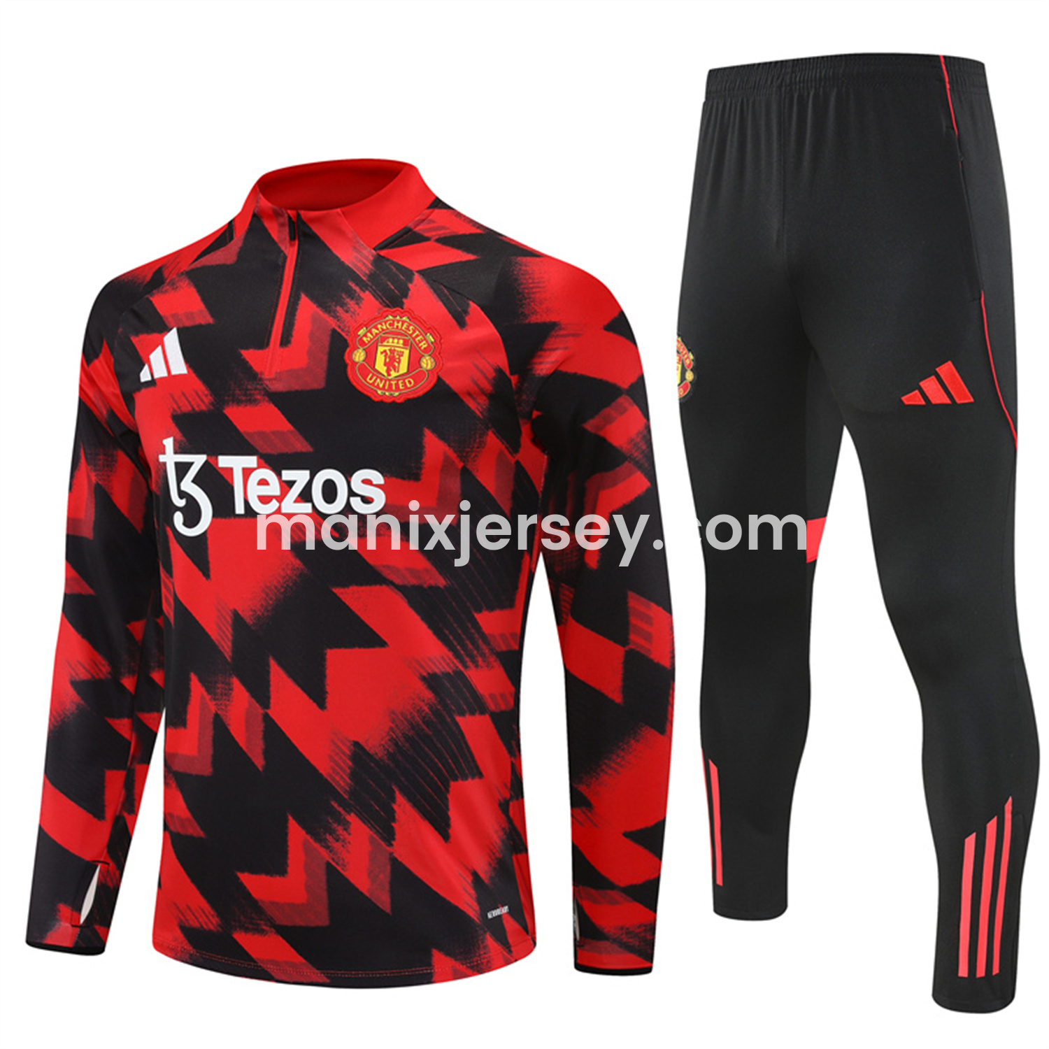 ManixJersey.com | Manchester United 25-26 Long Sleeves Training Set - Red-Black Top & Black Pants -Customize Name, Number and Patch | Worldwide Shipping