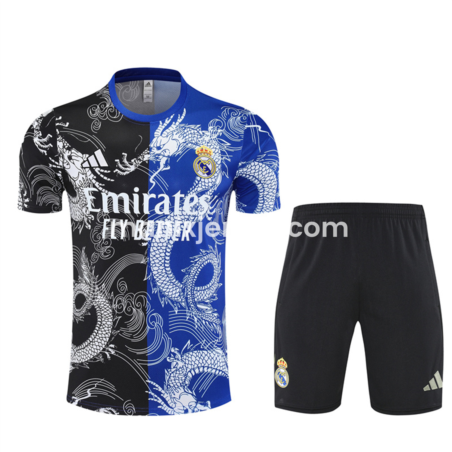 ManixJersey.com | Real Madrid 25-26 Short-Sleeve Training Set - Blue Black Dragon Top & Black Shorts -Customize Name, Number and Patch | Worldwide Shipping