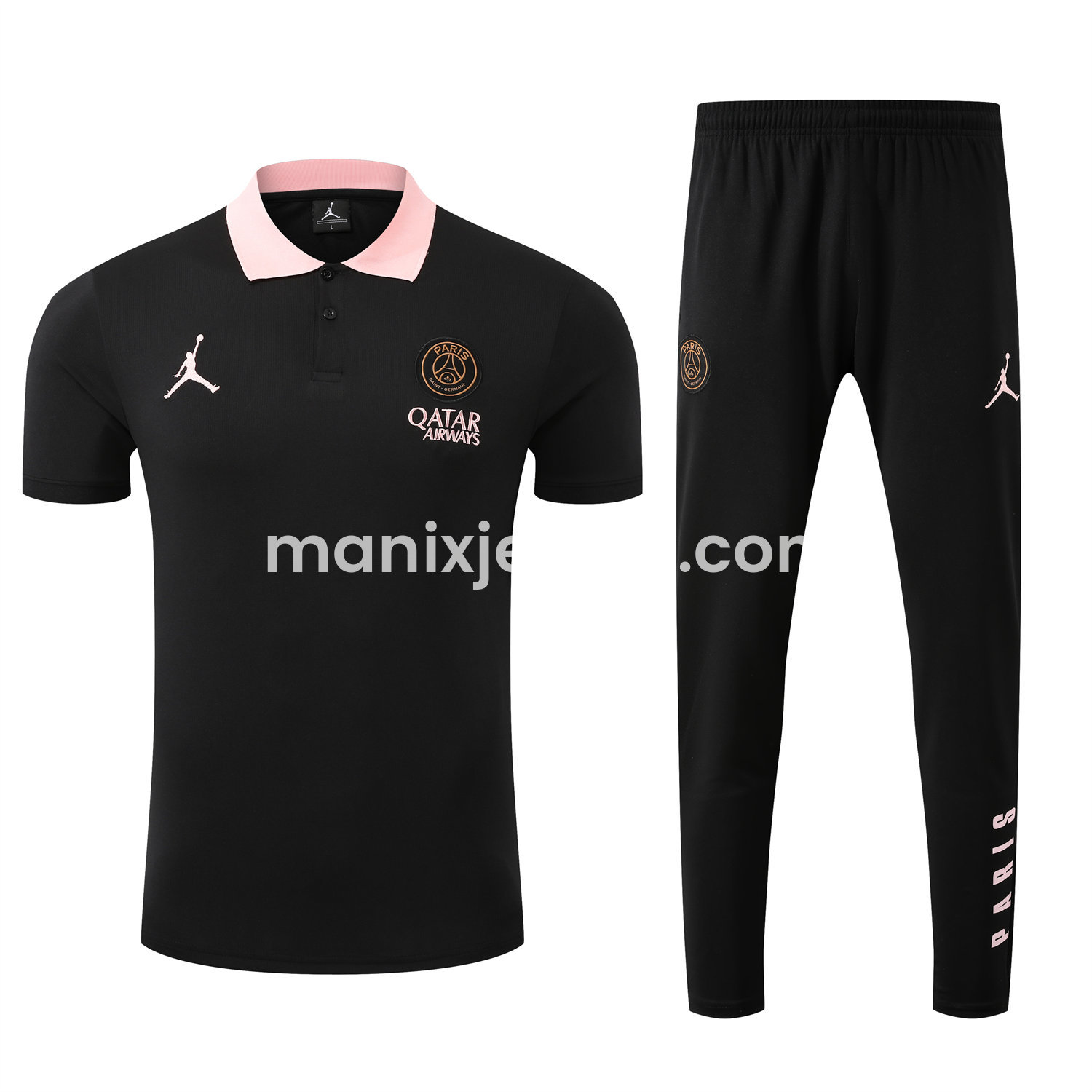 ManixJersey.com | Paris Saint-Germain PSG 25-26 POLO Short-Sleeve Training Set - Black Top and Pants -Customize Name, Number and Patch | Worldwide Shipping