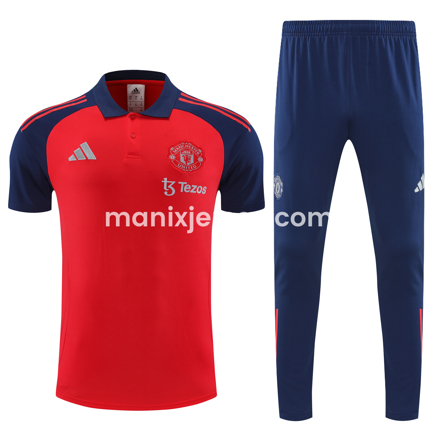 ManixJersey.com | Manchester United 25-26 POLO Short-Sleeve Training Set - Red Top and Deep Blue Pants -Customize Name, Number and Patch | Worldwide Shipping