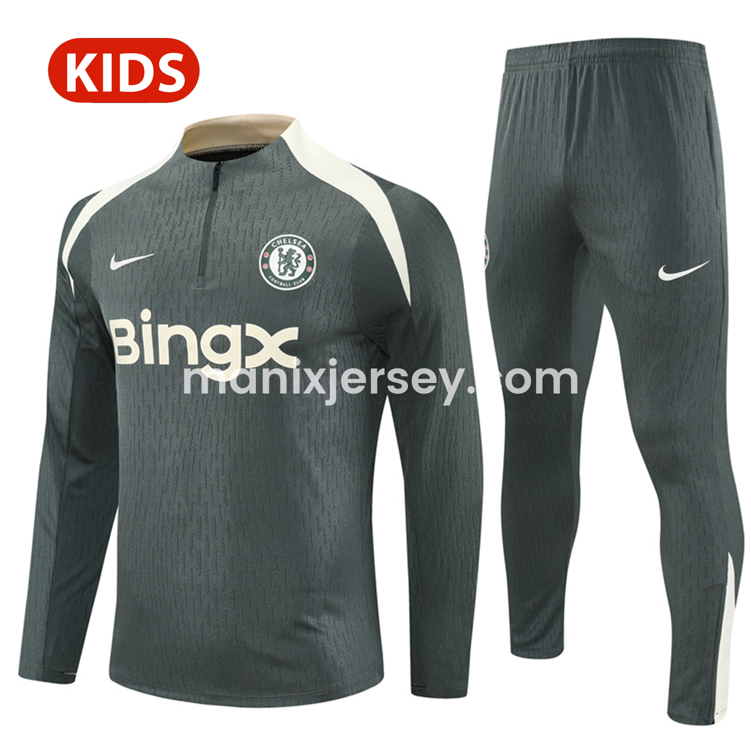 ManixJersey.com | C.H.E.L.S.E.A 25-26 Kid Long Sleeves Training Set - Army Green Top & Army Green Shorts -Customize Name, Number and Patch | Worldwide Shipping